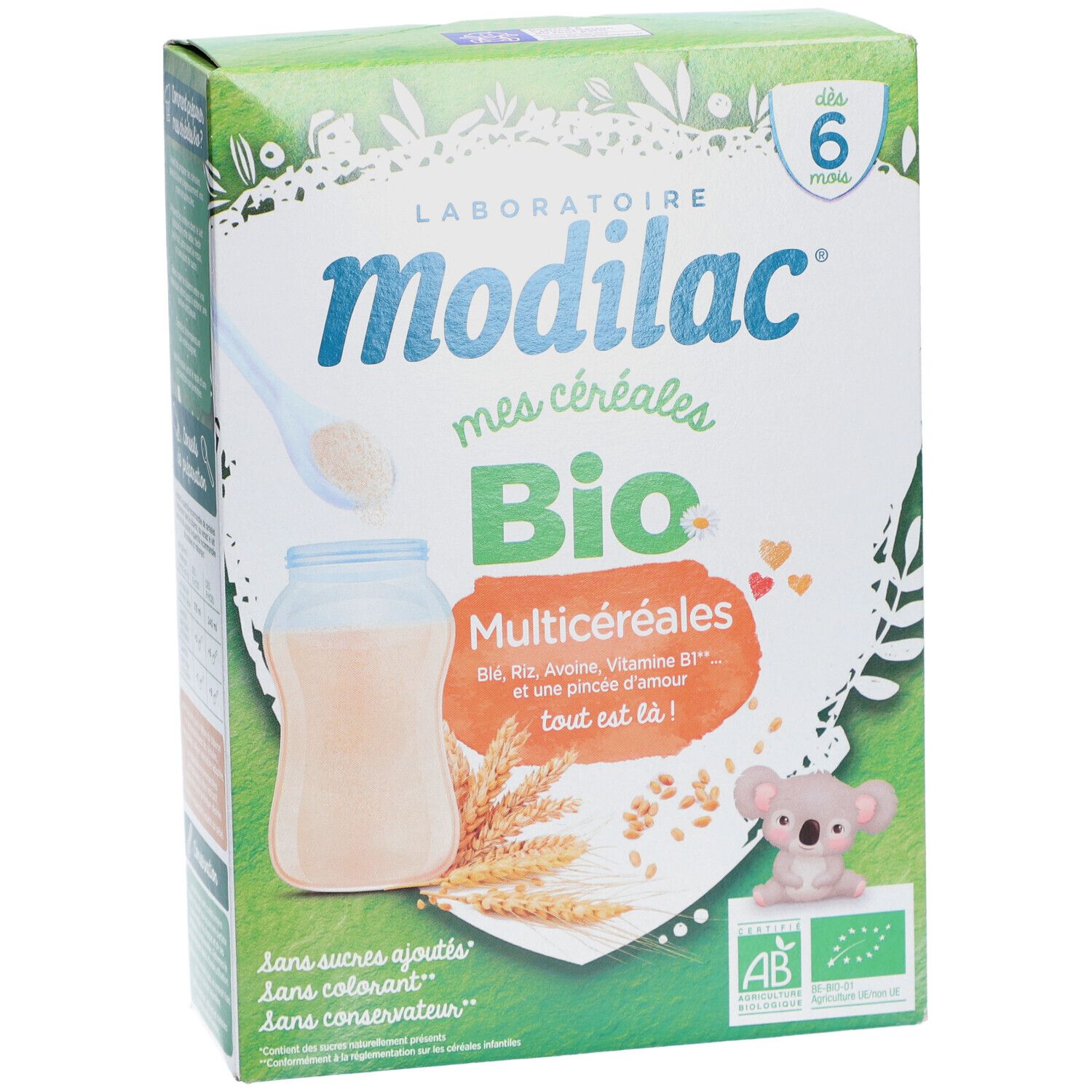 Boîte de céréales Bio Modilac. Vue de face avec illustration du produit, koala et label AB Bio. Pour bébés dès 6 mois.