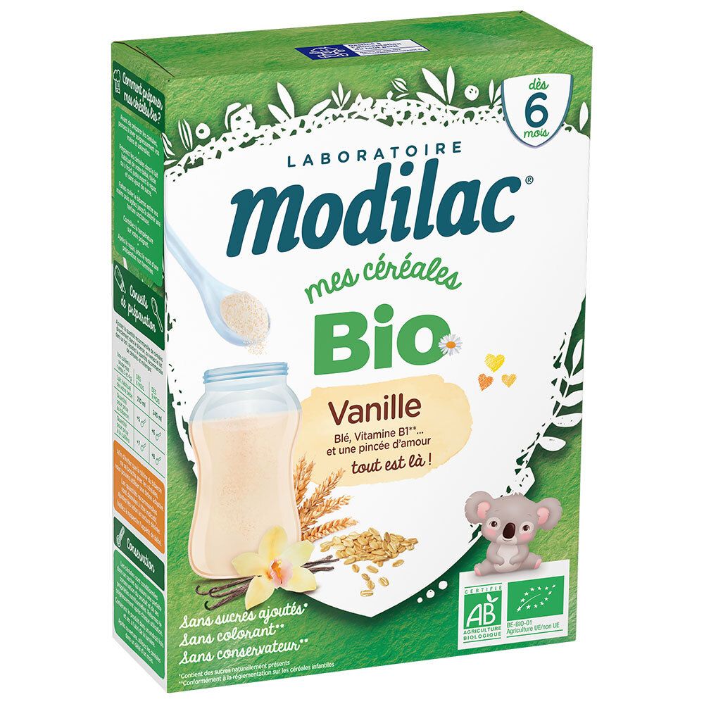 Boîte Modilac Céréales Vanille bio. Contient vanille, céréales, illustration koala et label bio. Pour bébés dès 6 mois.