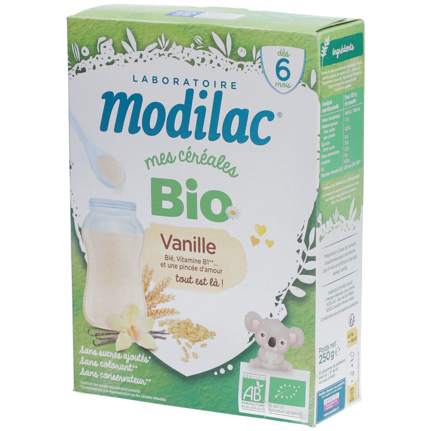 Verpakking van Modilac Cerealien Vanille bio. Bevat tekst, illustraties en het bio-label. 250g.