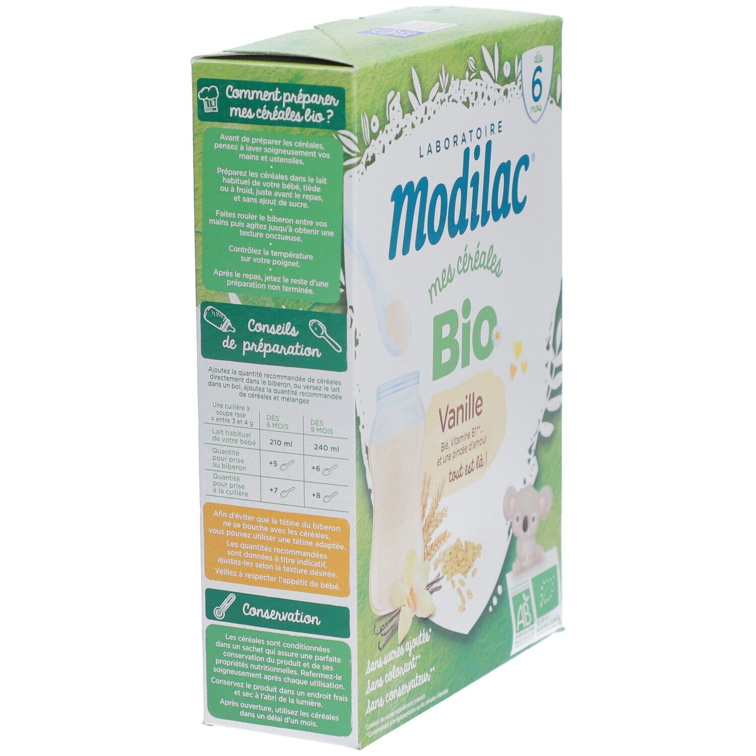 Zijaanzicht van de verpakking van Modilac Cerealien Vanille bio. Bevat tekst, illustraties en instructies.