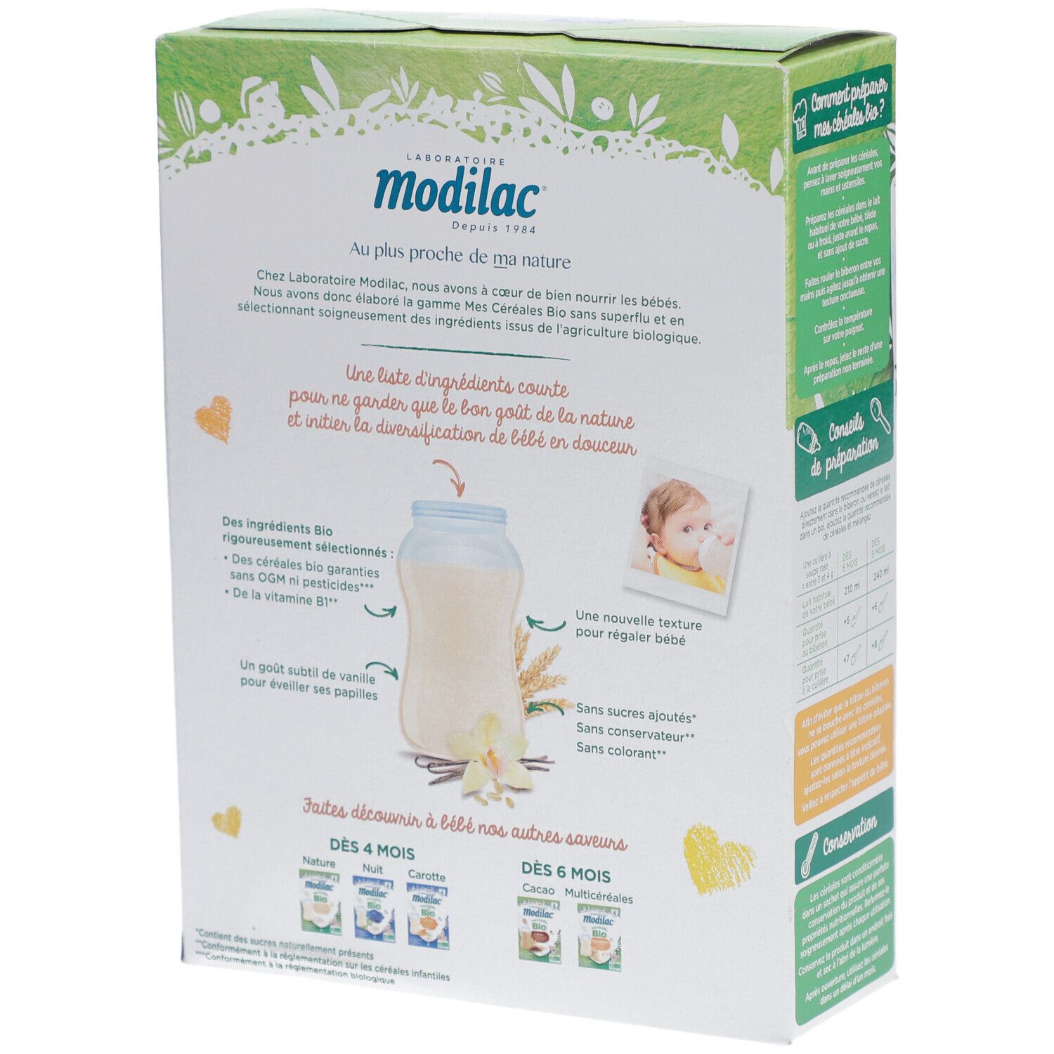 Achterkant van de verpakking van Modilac Cerealien Vanille bio. Bevat tekst, illustraties en informatie over ingrediënten.