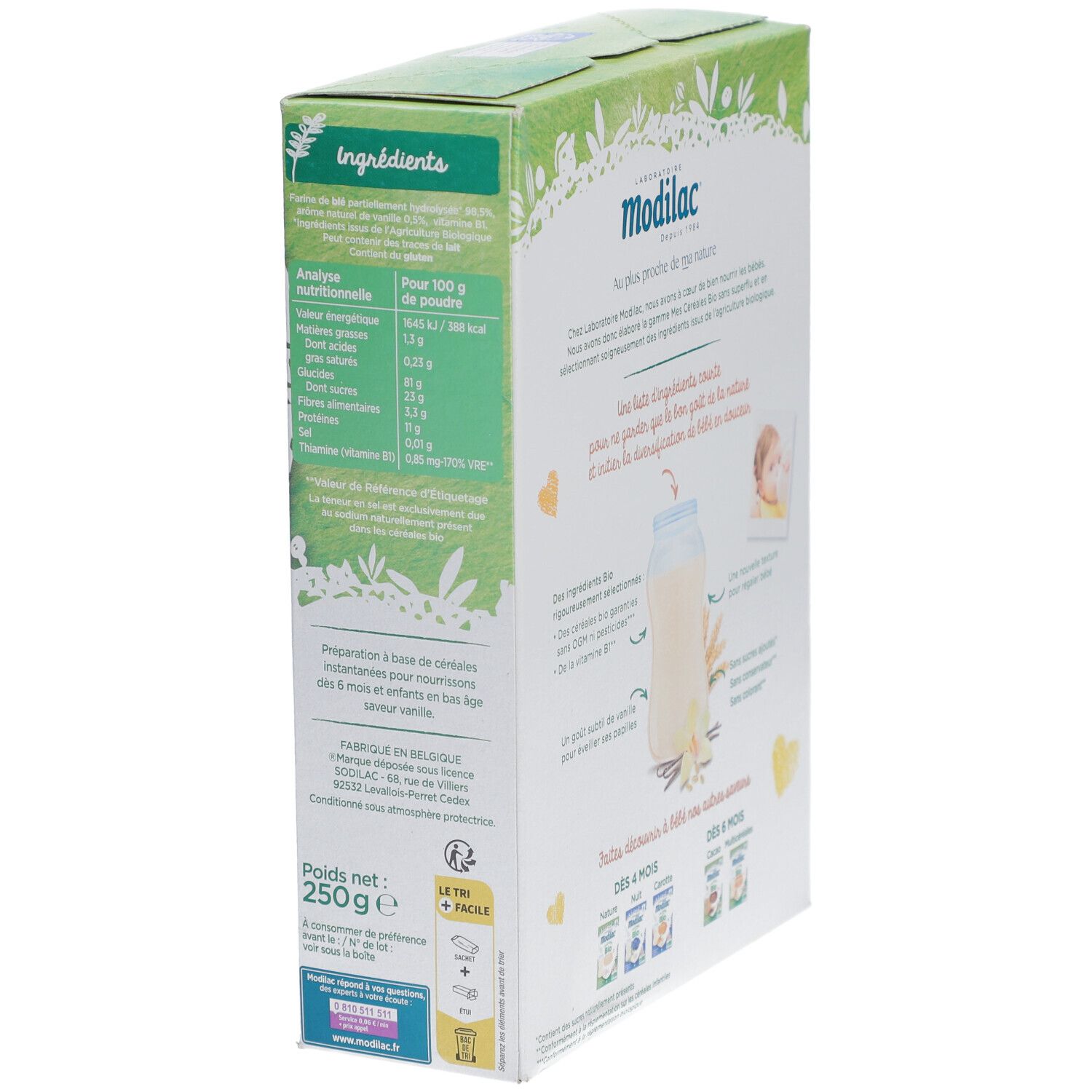 Zijaanzicht van de verpakking van Modilac Cerealien Vanille bio. Bevat tekst, voedingsinformatie en informatie.