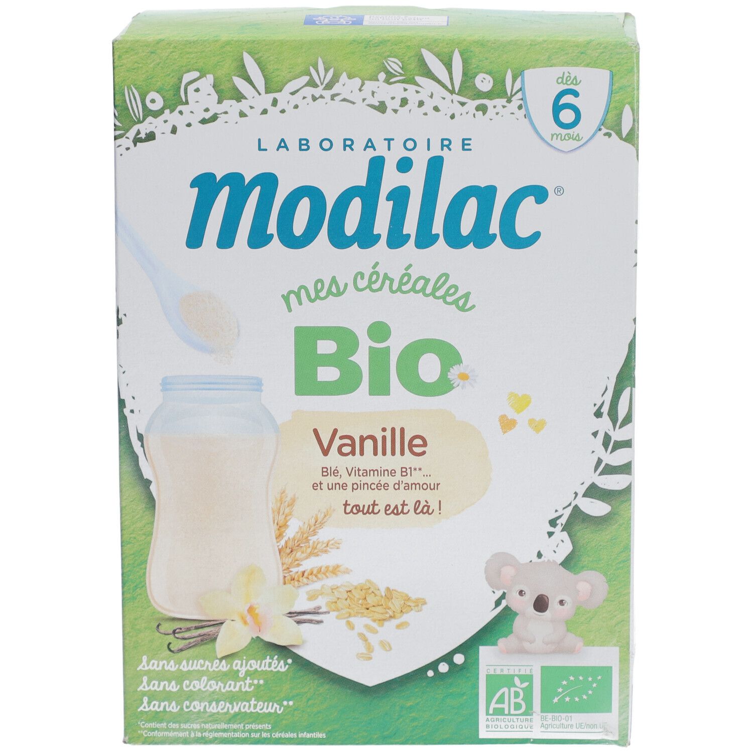 Voorkant van de verpakking van Modilac Cerealien Vanille bio. Bevat tekst, illustraties en het bio-label.