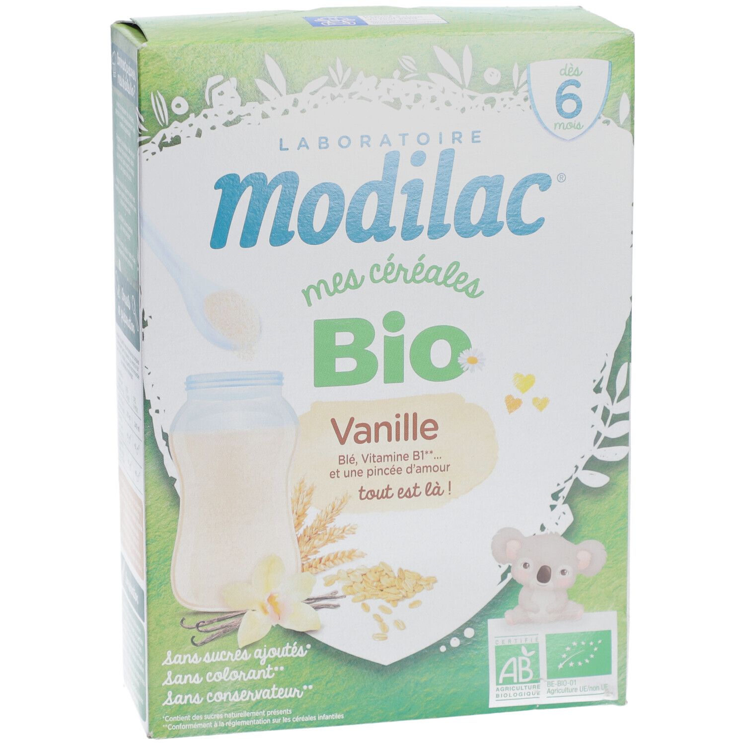 Voorkant van de verpakking van Modilac Cerealien Vanille bio. Bevat tekst, illustraties en het bio-label.