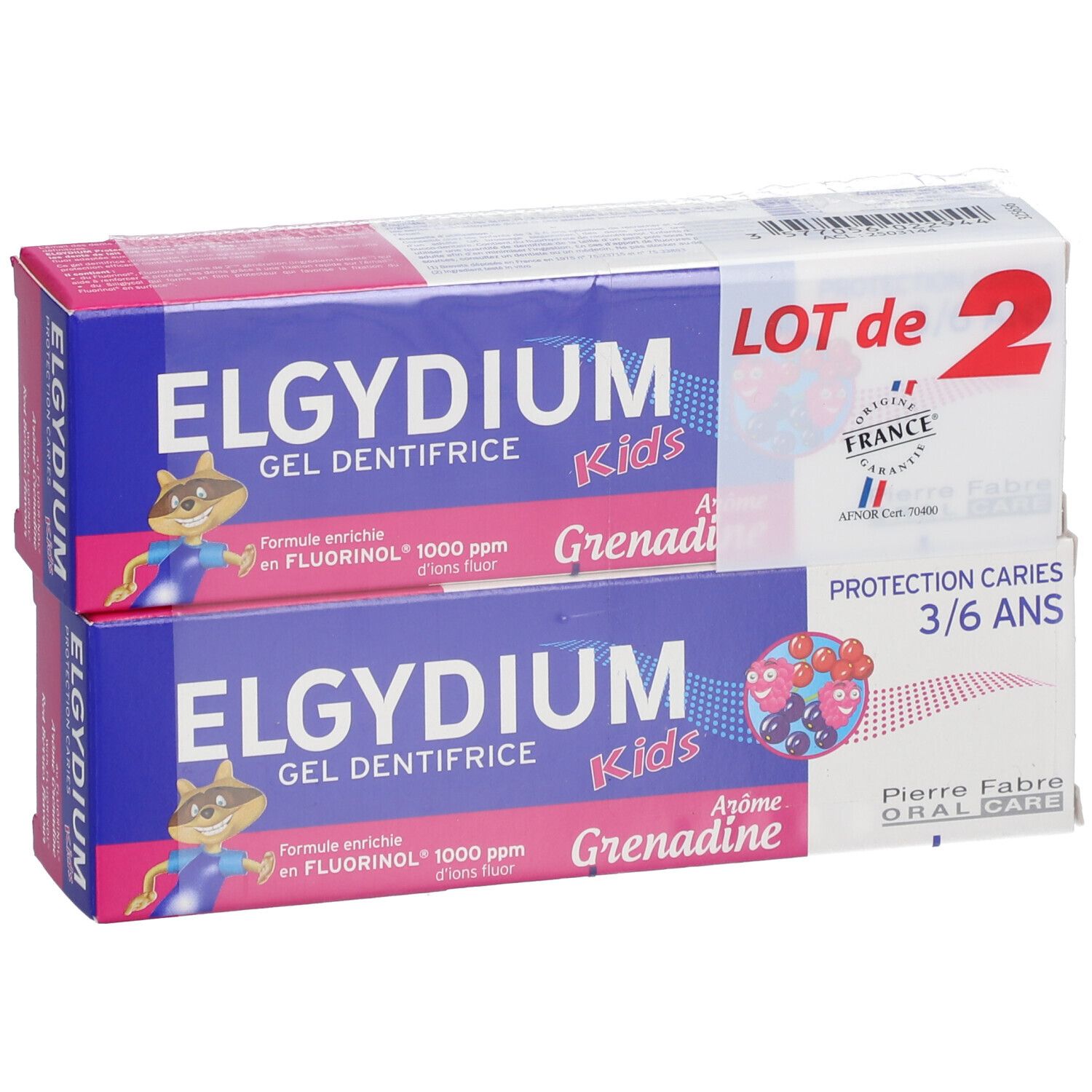 Twee tandpastadozen. Blauwe en roze verpakking met tekst: ELGYDIUM Kids, Grenadine, 3/6 jaar.