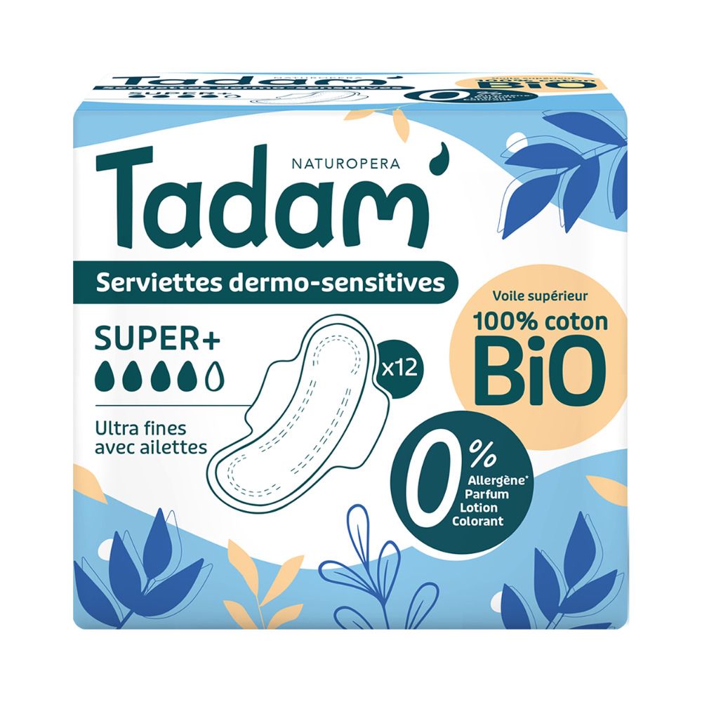 Pack Tadam Serviettes Dermo-Sensitives Super+, 12 serviettes ultra-fines avec ailettes, 100% coton Bio.