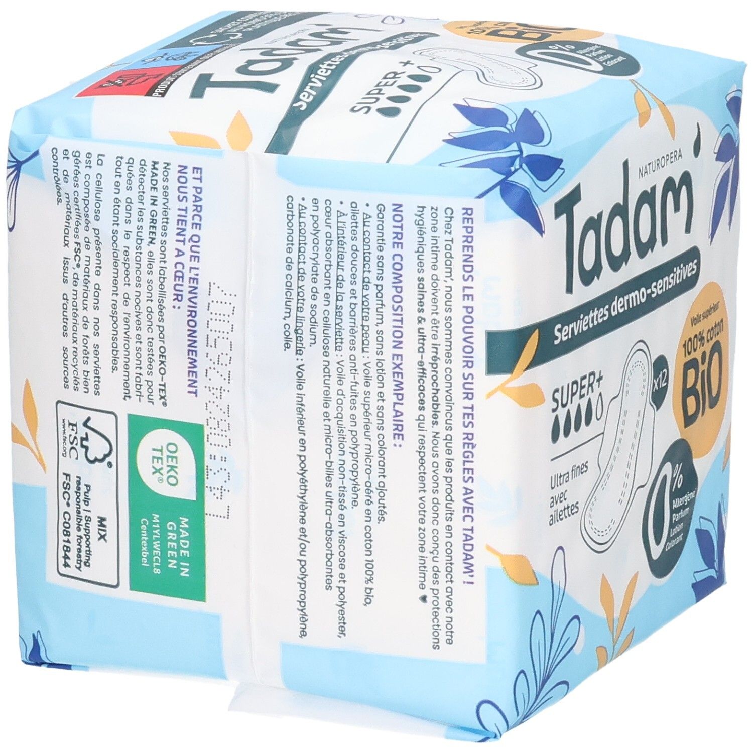 Pack Tadam Serviettes Dermo-Sensitives Super+, 12 serviettes ultra-fines avec ailettes, 100% coton Bio.