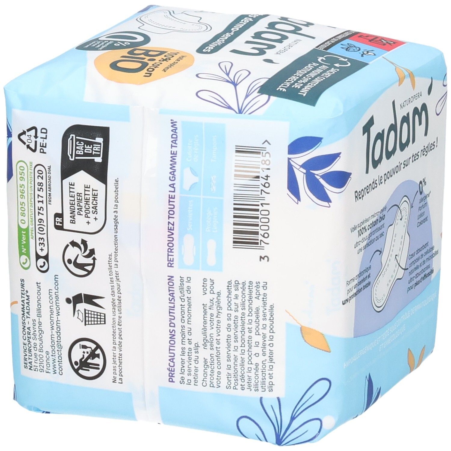 Pack Tadam Serviettes Dermo-Sensitives Super+, 12 serviettes ultra-fines avec ailettes, 100% coton Bio.