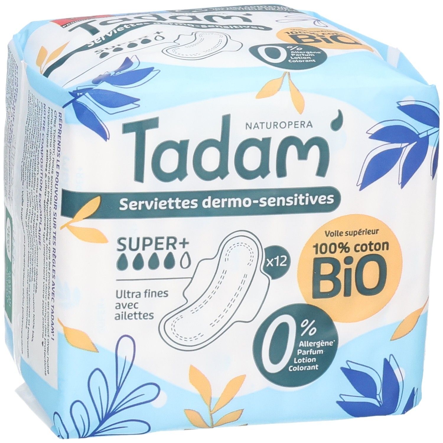 Pack Tadam Serviettes Dermo-Sensitives Super+, 12 serviettes ultra-fines avec ailettes, 100% coton Bio.