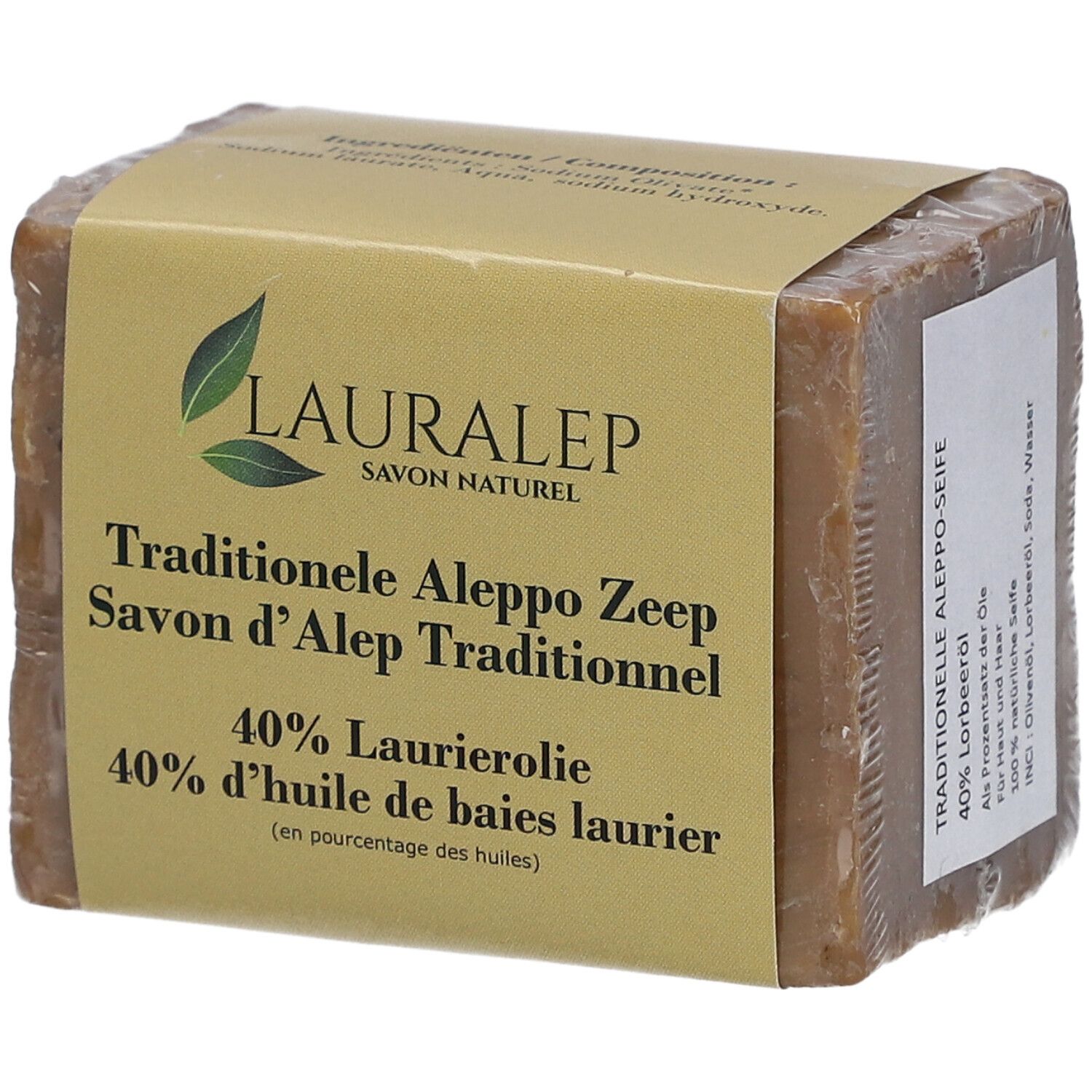Rechthoekig zeepblok in folie. Label: LAURALEP, Savon d'Alep, 40% laurierolie.