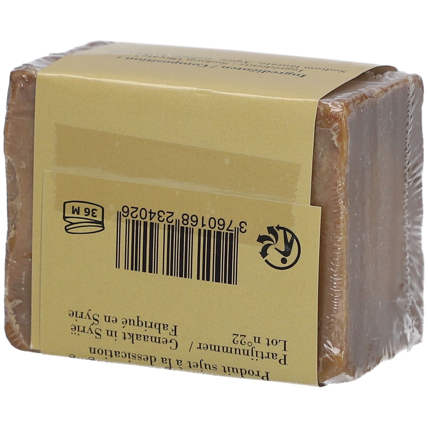 Zeepblok in folie. Achterkant verpakking met barcode, recycling symbool en tekst.