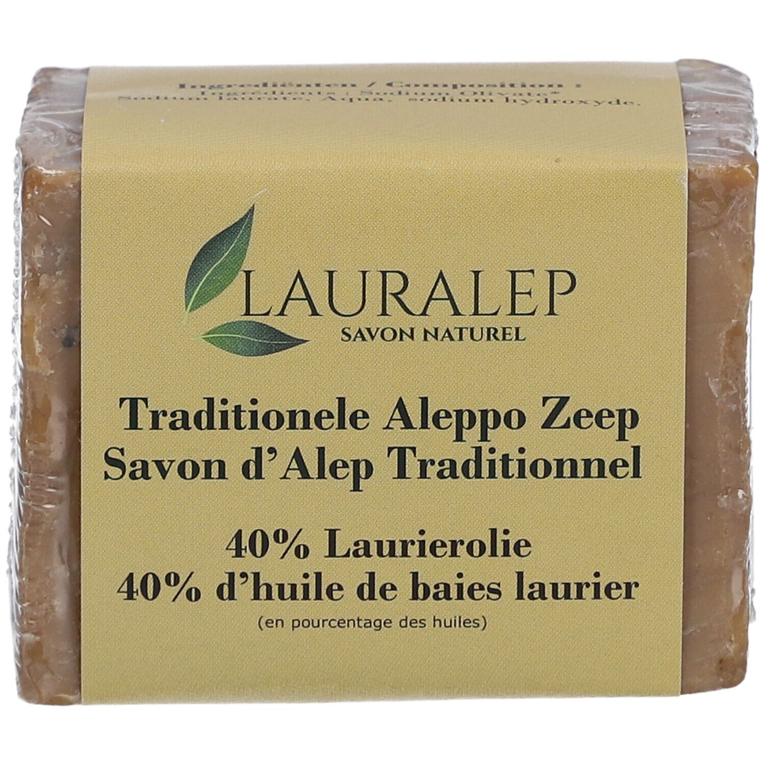 Rechthoekig zeepblok in folie. Label: LAURALEP, Savon d'Alep, 40% laurierolie.