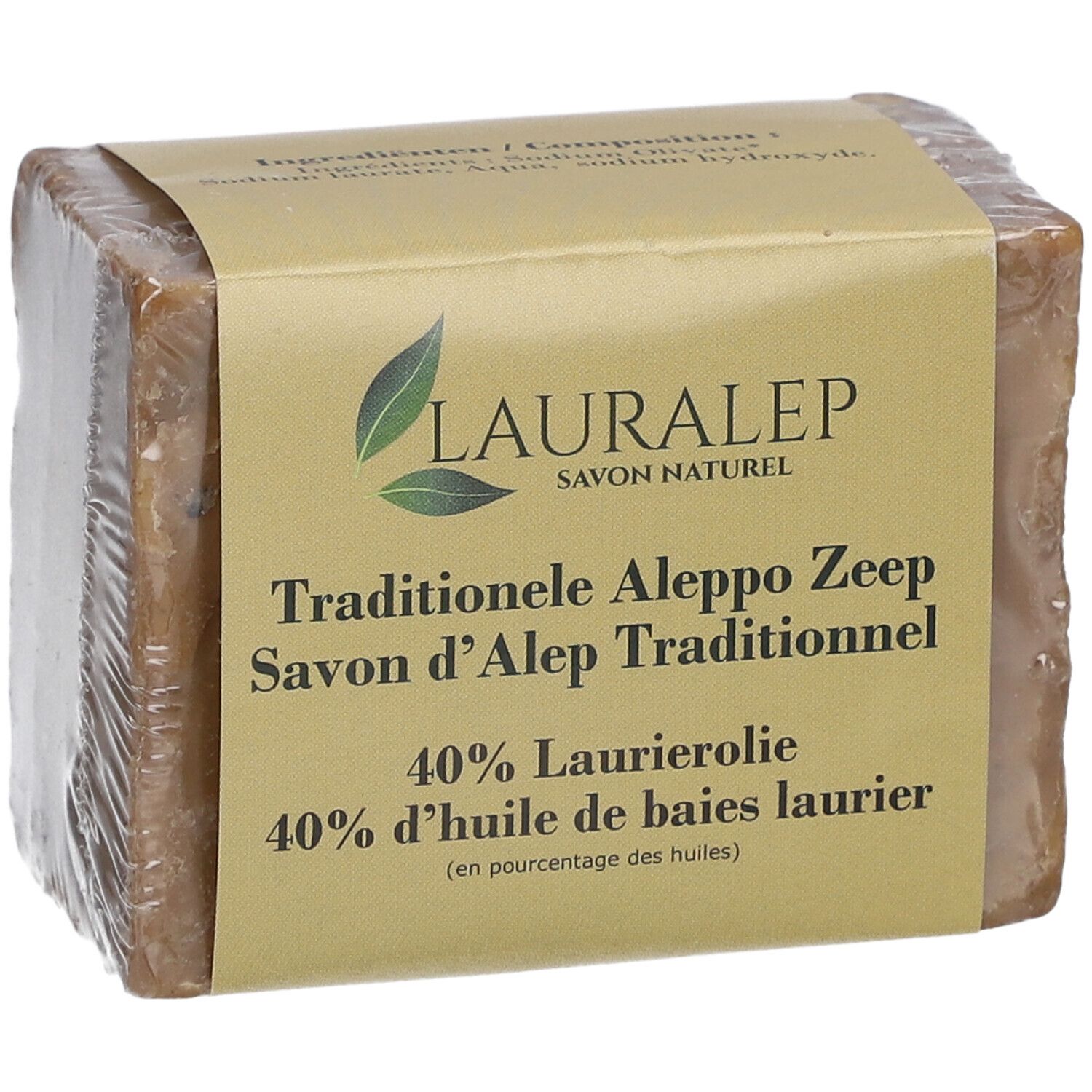 Rechthoekig zeepblok in folie. Label: LAURALEP, Savon d'Alep, 40% laurierolie.
