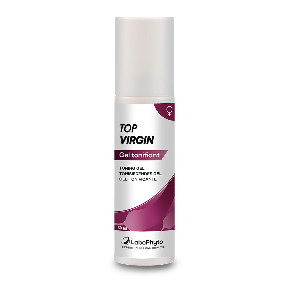 Witte en paarse fles met "TOP VIRGIN". Bevat gel. Logo "LaboPhyto". 