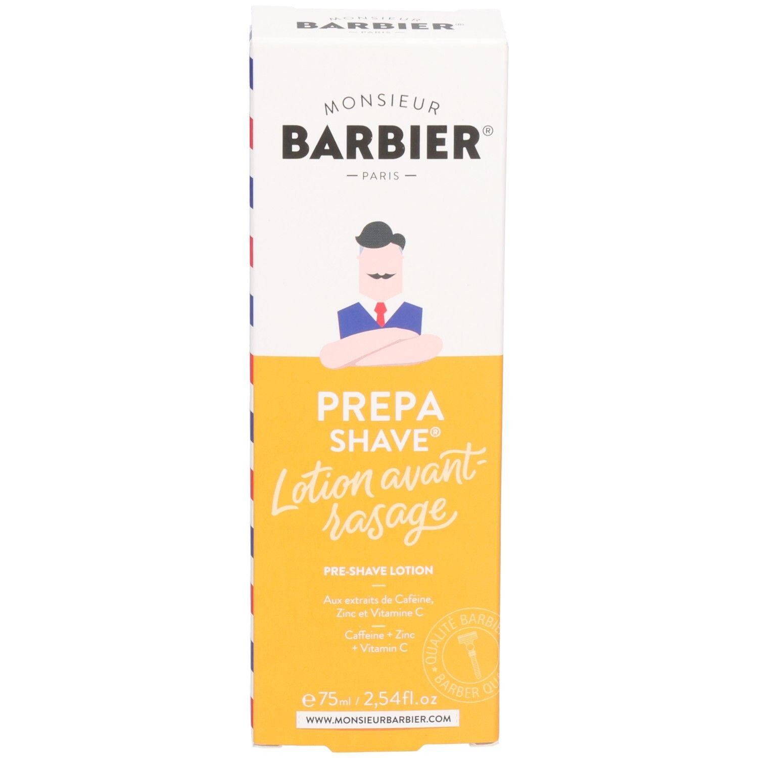 Boîte jaune PREPA SHAVE Lotion avant rasage. Logo Monsieur BARBIER. Contient caféine, zinc et vitamine C. Inscription: Pre-Shave Lotion.