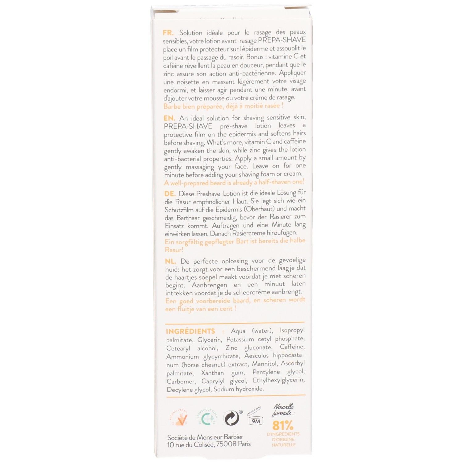 Dos de la boîte avec texte en anglais, allemand, français et néerlandais. Ingrédients et certifications visibles.