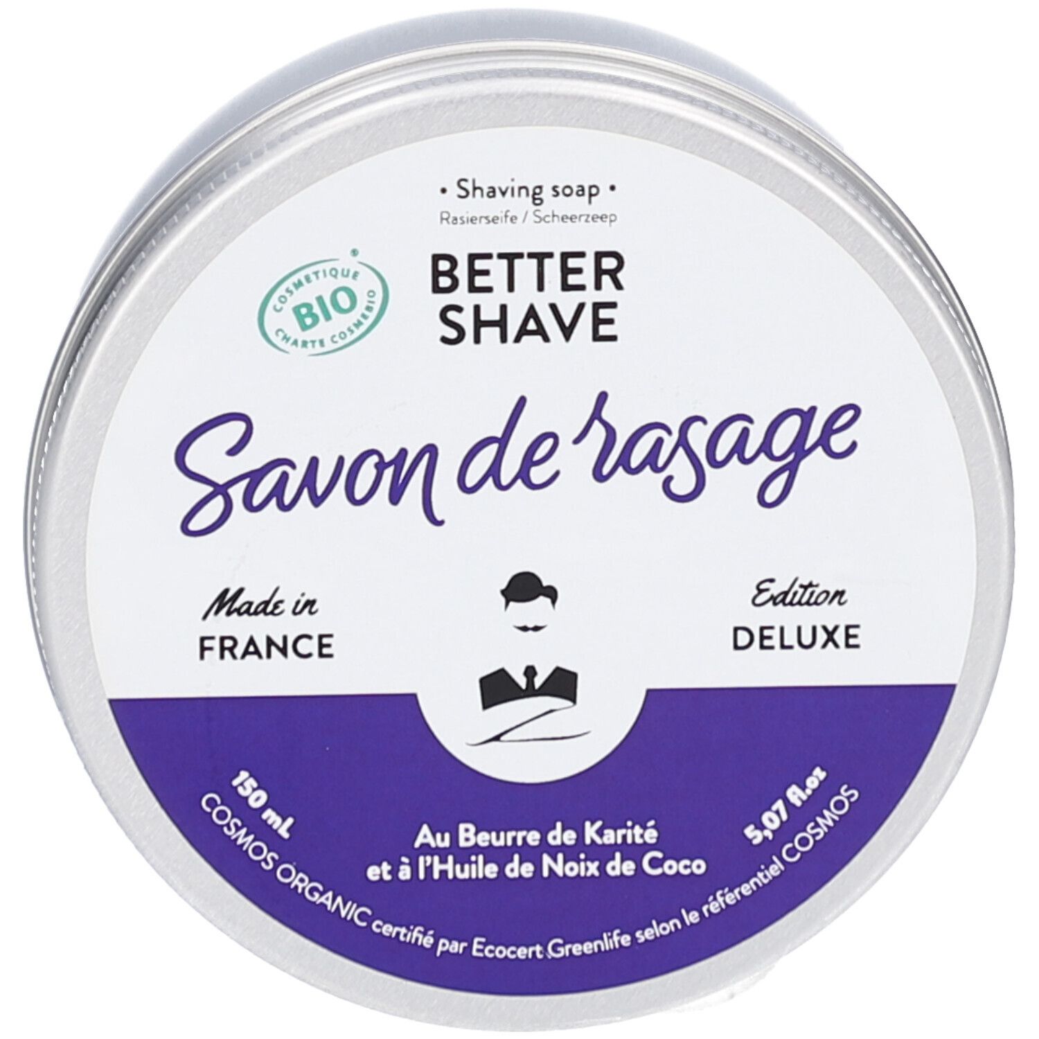 Ronde doos scheerzeep. Opschrift: Better Shave, Savon de rasage, Made in France, Cosmos Organic. Bio-certificering.