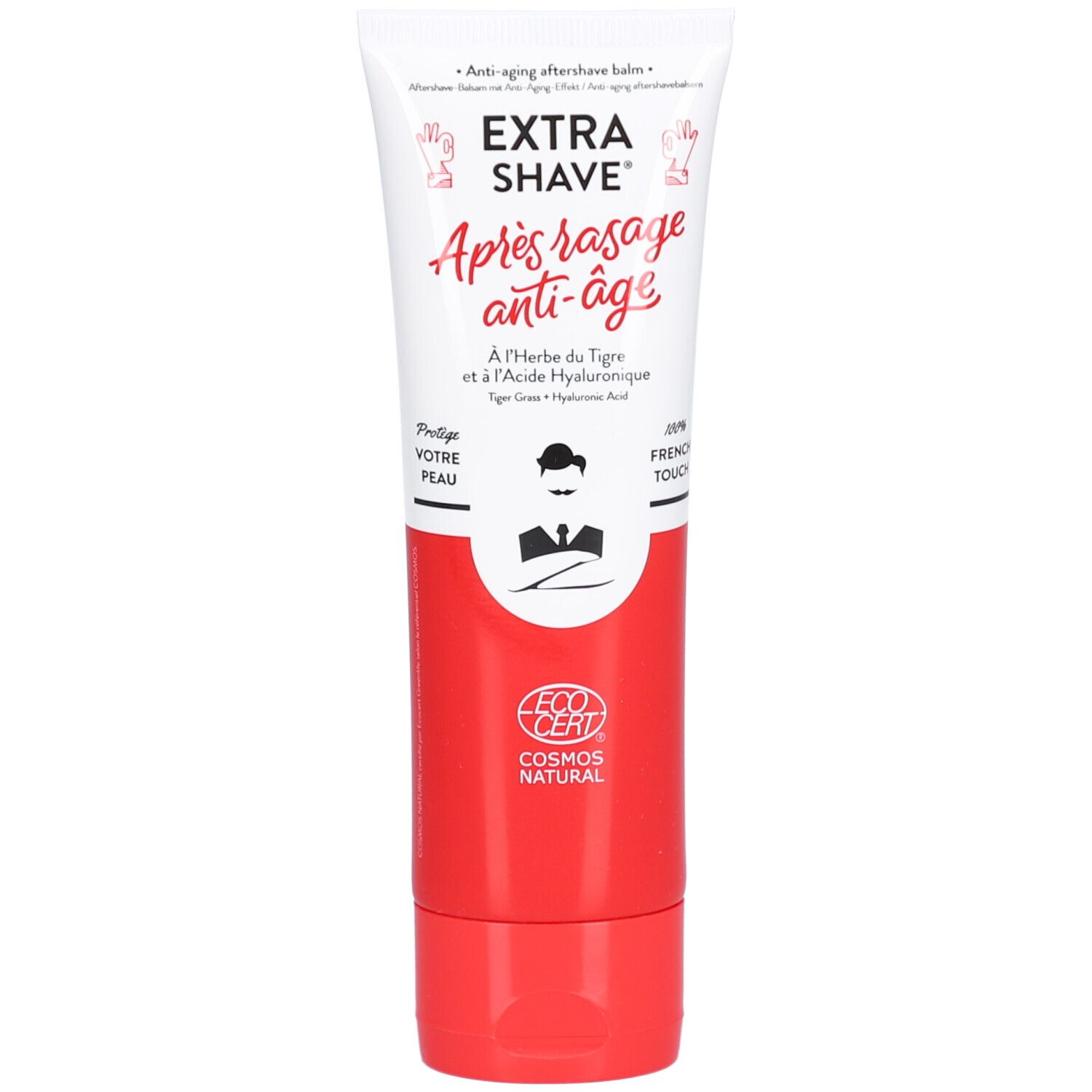 Tube blanc et rouge. Inscription: EXTRA SHAVE, Après rasage anti-âge. Logo: Homme avec moustache. Certification: COSMOS NATURAL.