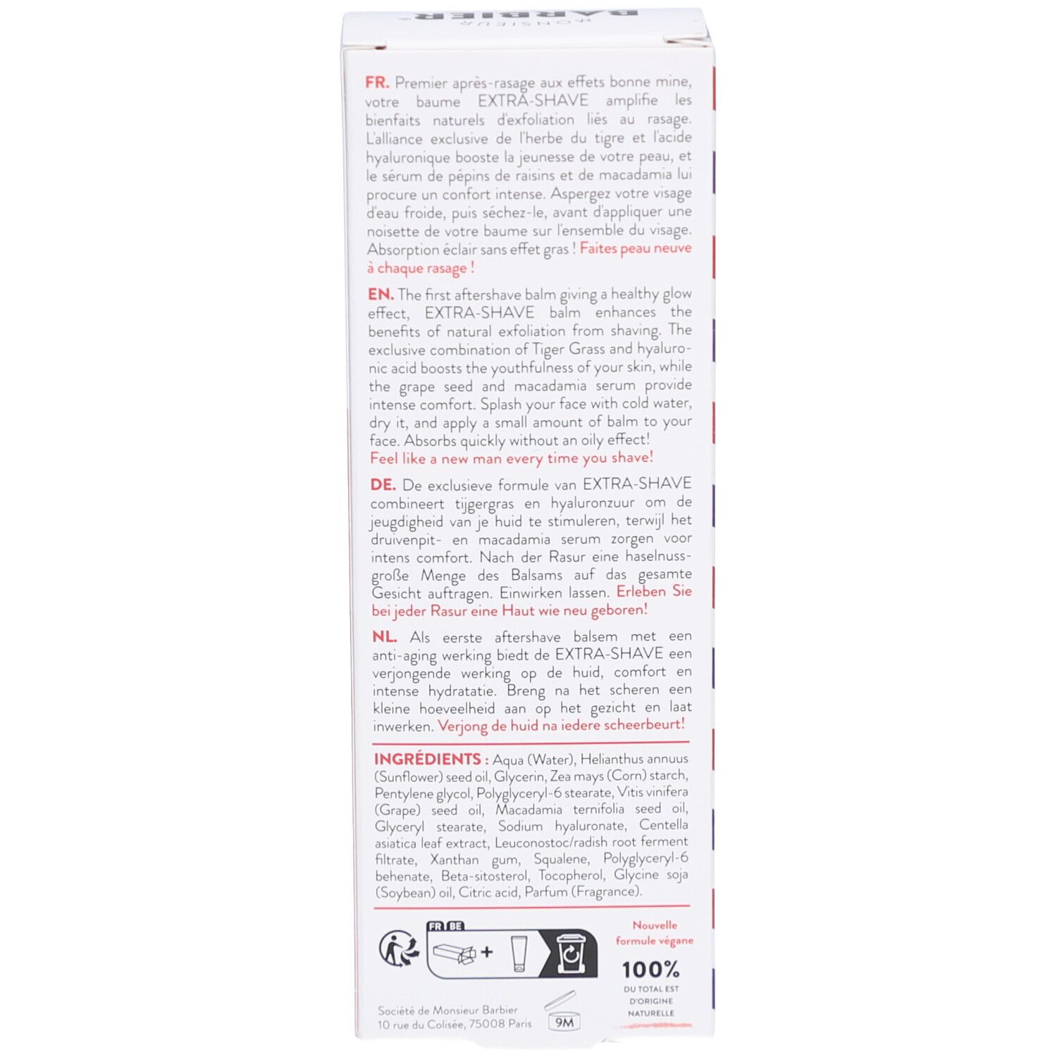 Dos de l'emballage carton. Texte multilingue. Ingrédients. Logo: Monsieur BARBIER. Certification: COSMOS NATURAL.