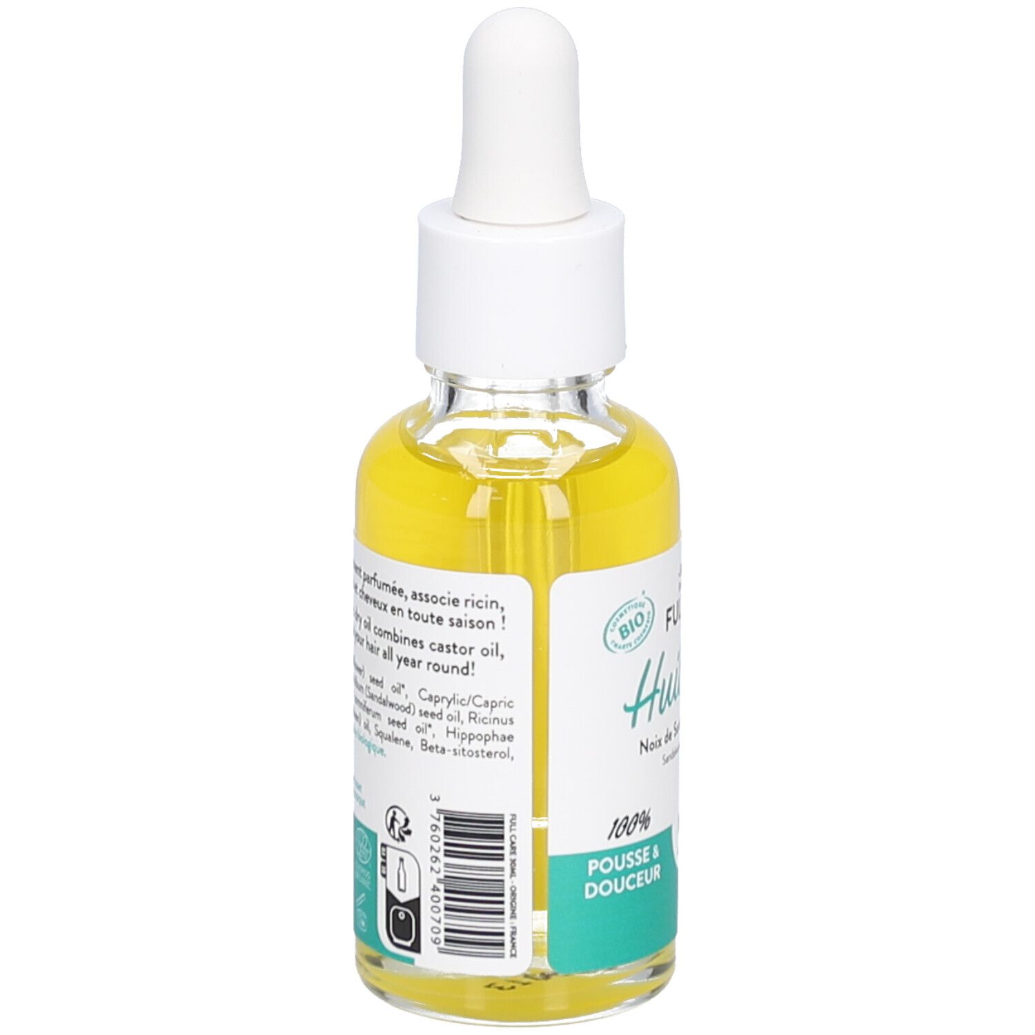 Glazen flesje met gele olie en pipet. Bio-certificering. Tekst: Huile sèche, 100% Pousse & douceur.