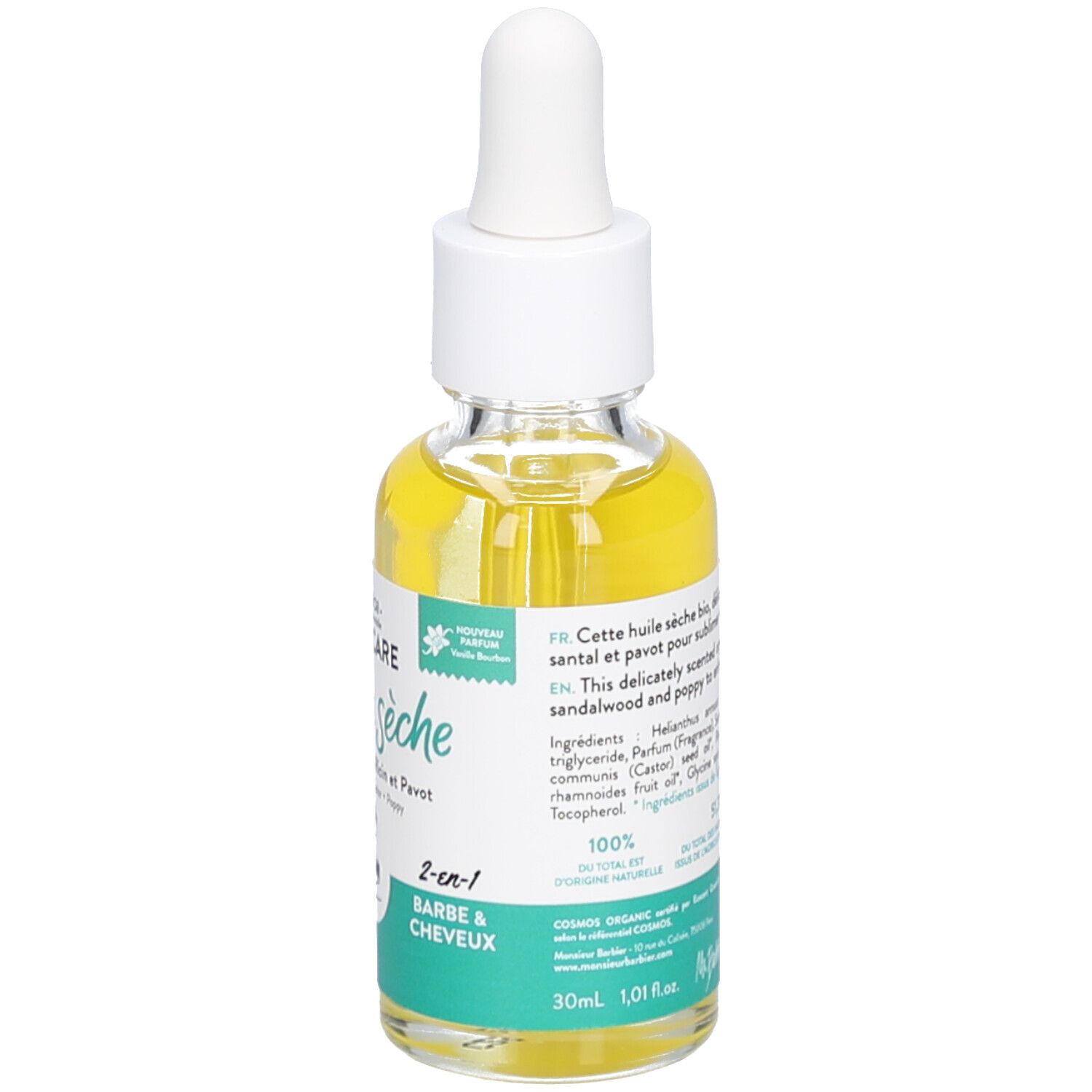 Glazen flesje met gele olie en pipet. Tekst: Huile sèche, 2-en-1 Barbe & Cheveux, 30ml, 1,01 fl oz.