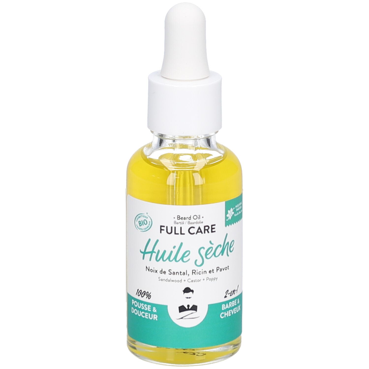 Glazen flesje met gele olie en pipet. Tekst: Huile sèche, Noix de Santal, Ricin et Pavot, 2-en-1 Barbe & Cheveux.