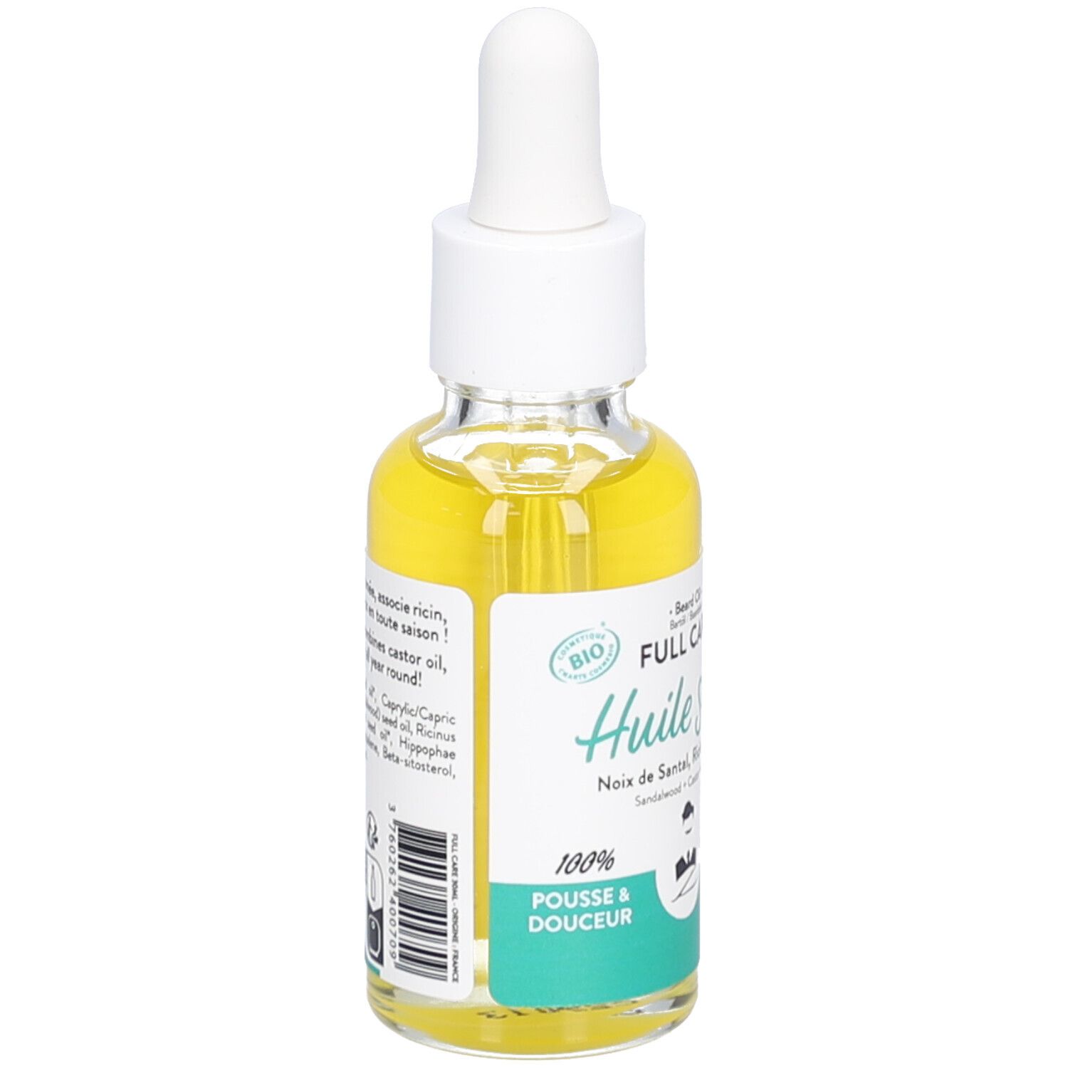 Glazen flesje met gele olie en pipet. Bio-certificering. Tekst: Huile sèche, 100% Pousse & douceur.