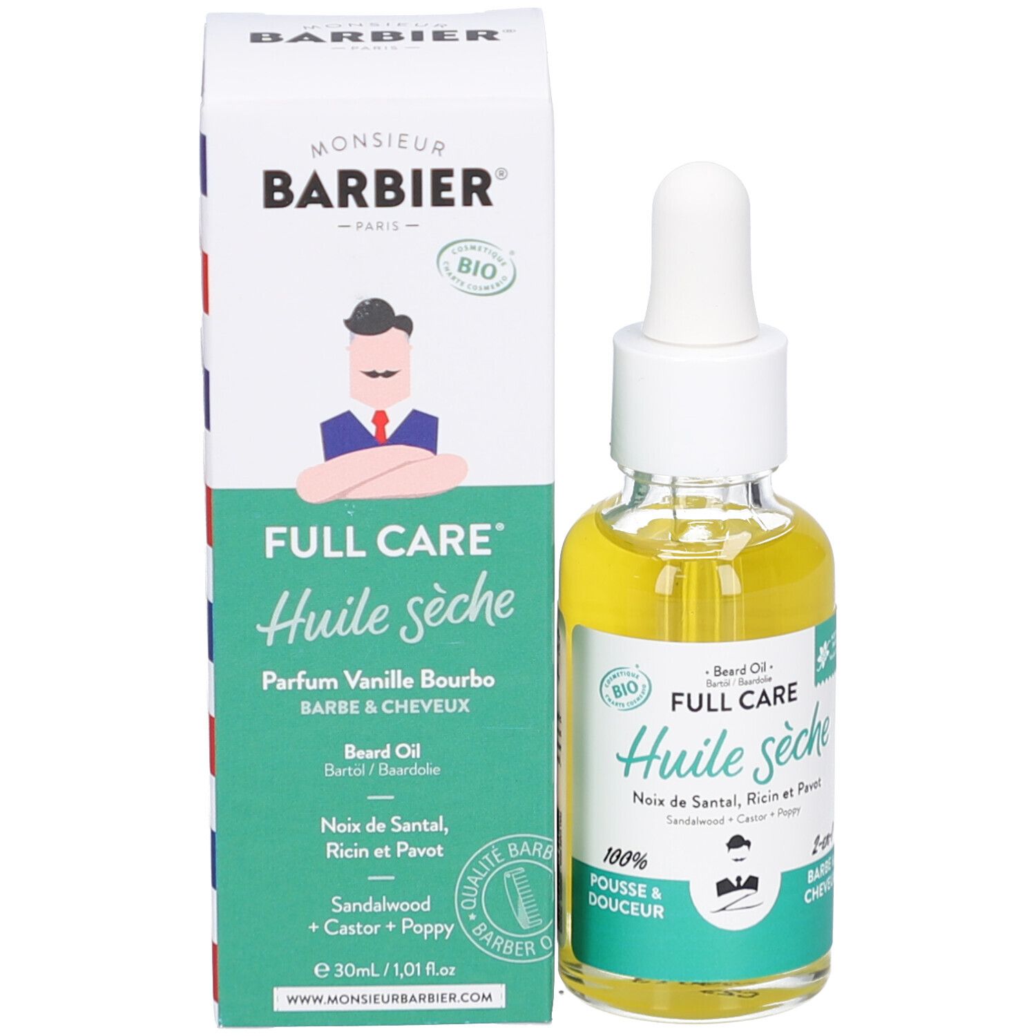 Verpakking en flesje met gele olie en pipet. Tekst: Monsieur BARBIER, Huile sèche, 30ml.