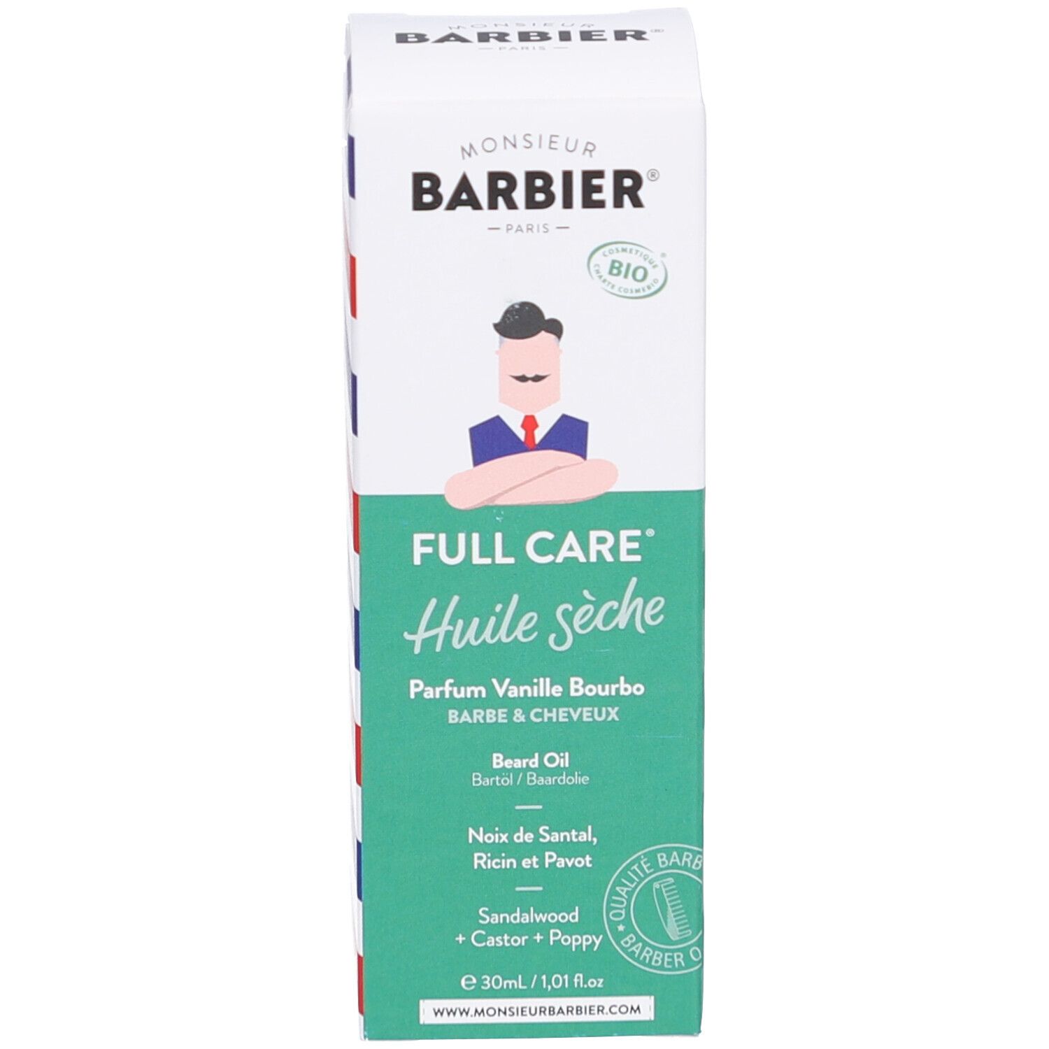 Verpakking. Tekst: Monsieur BARBIER, Huile sèche, Parfum Vanille Bourbo, Barbe & Cheveux, 30ml.