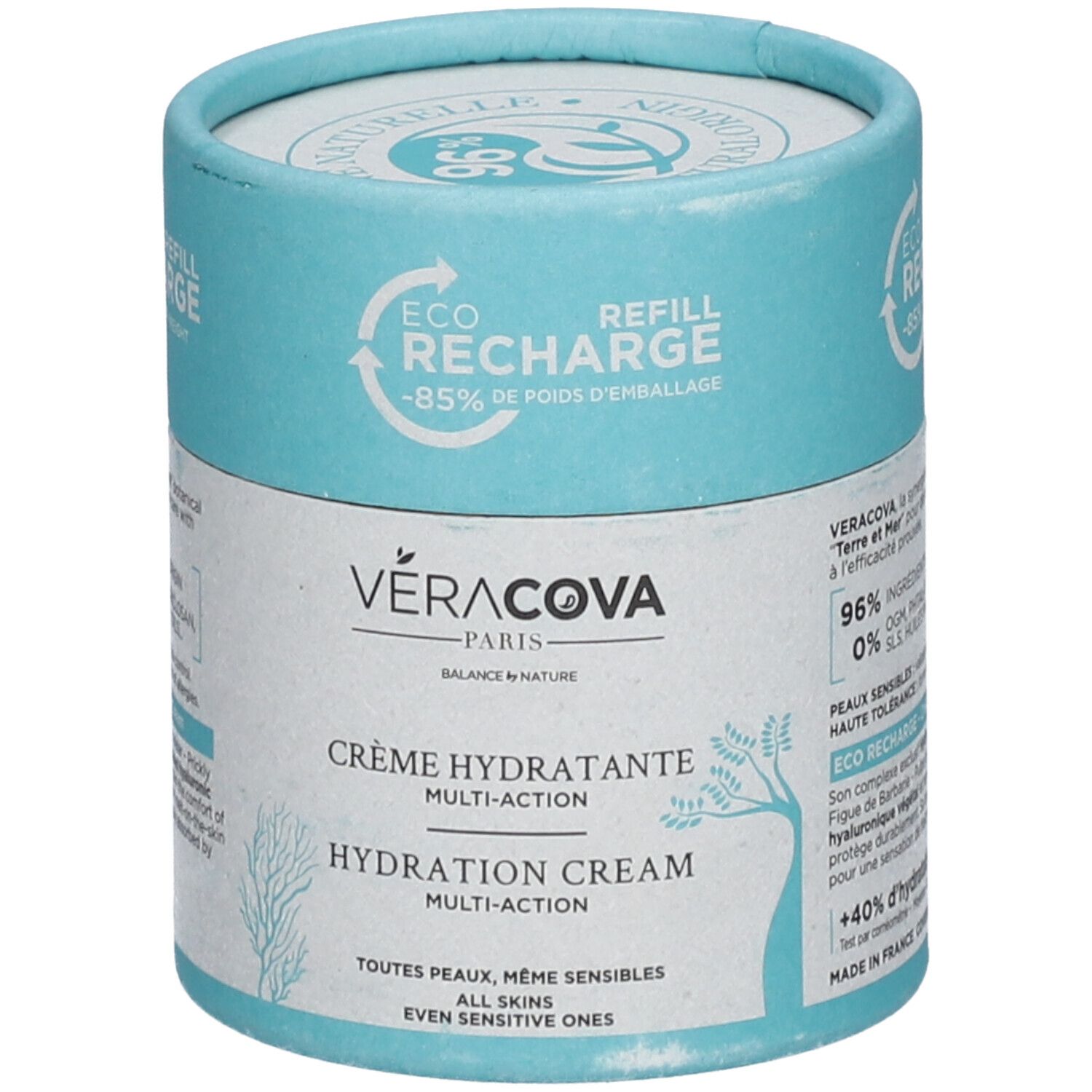 Emballage cylindrique. VERACOVA Crème Hydratante Multi-Action. Texte: Crème Hydratante, Hydration Cream. Pour tous types de peaux.