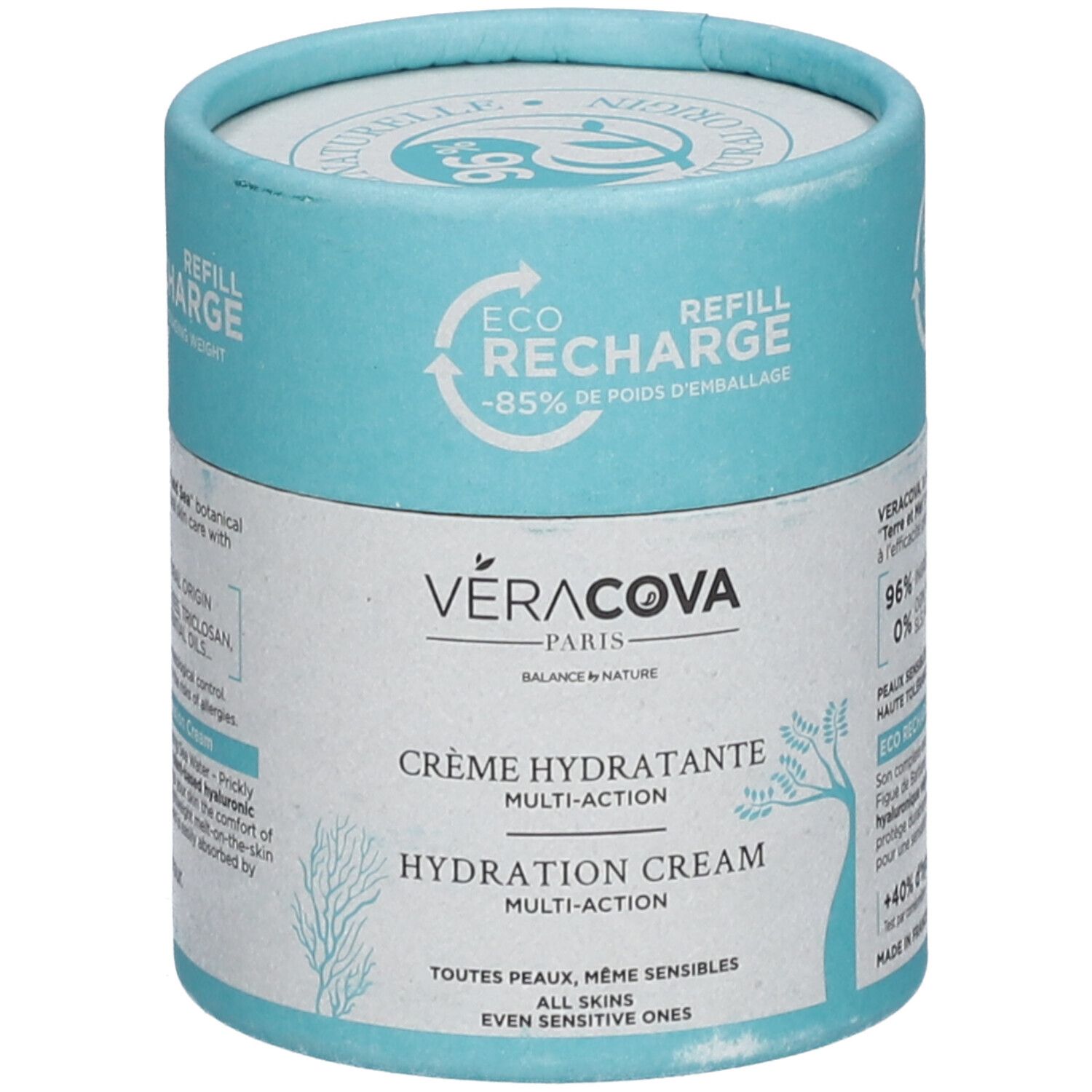 Emballage cylindrique. VERACOVA Crème Hydratante Multi-Action. Texte: Crème Hydratante, Hydration Cream. Pour tous types de peaux.