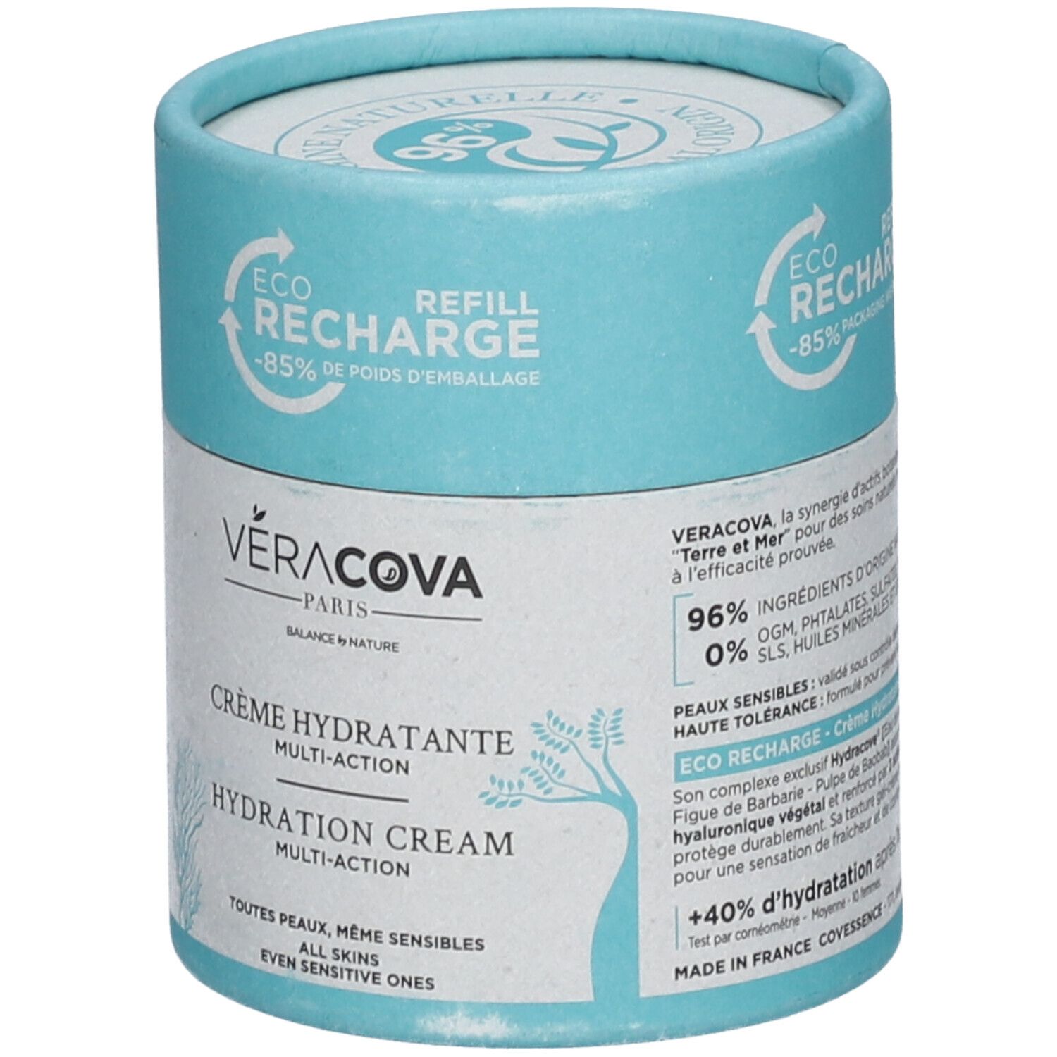 Emballage cylindrique. VERACOVA Crème Hydratante Multi-Action. Texte: Crème Hydratante, Hydration Cream. 96% ingrédients d'origine naturelle.