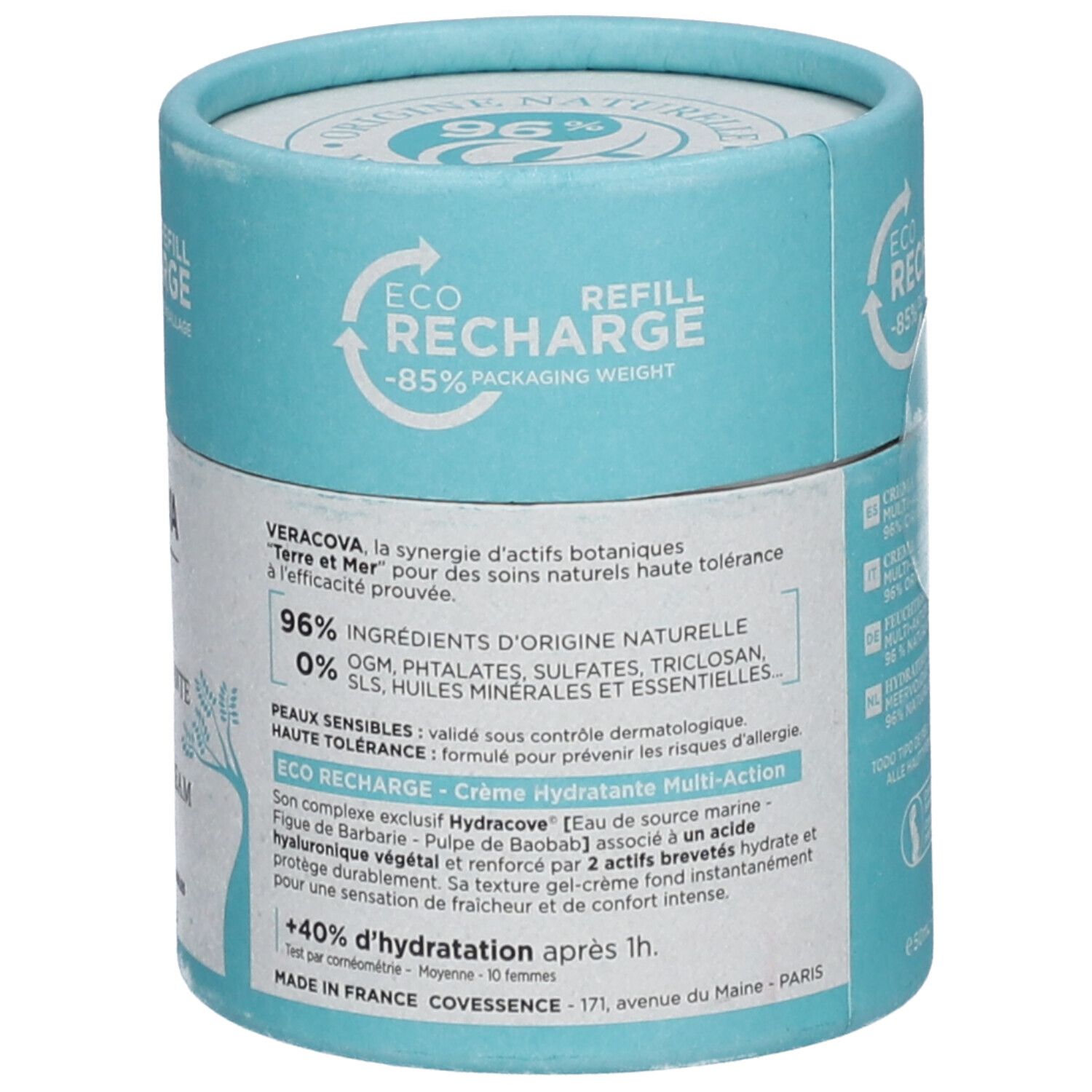Emballage cylindrique. Texte: Eco Recharge, -85% de poids d'emballage. Ingrédients: 96% d'origine naturelle. Peaux sensibles.