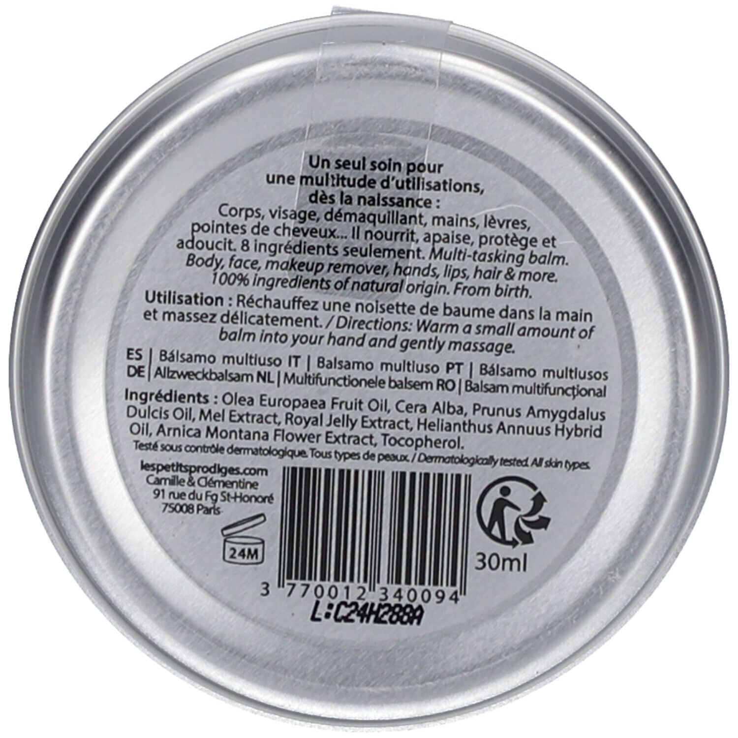 Ronde verpakking, tekst en ingrediënten. Tekst: 30ml, lespetitsprodiges.com, 24M. Dermatologisch getest. 100% natuurlijke ingrediënten.