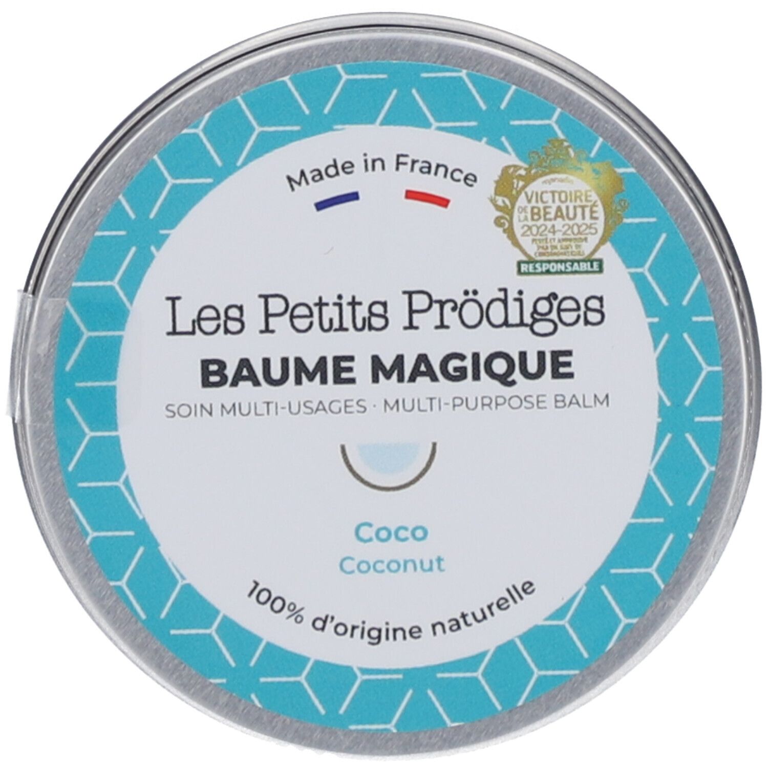 Boîte ronde avec étiquette bleue. Texte: Les Petits Prödiges, Baume Magique, Coco. Fabriqué en France. Label.