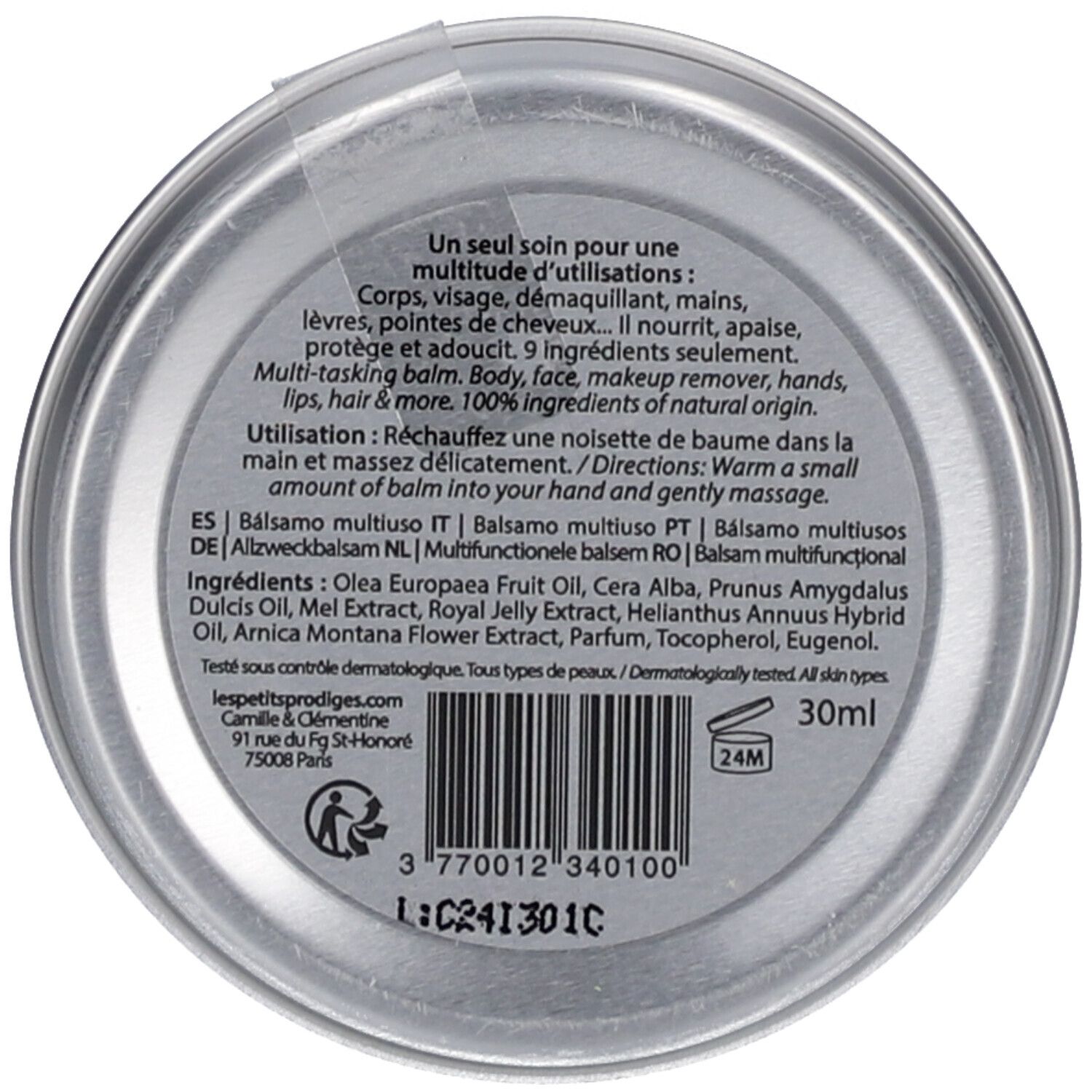 Boîte ronde. Texte: Baume multi-fonctions. Ingrédients, mode d'emploi. 30ml. Testé dermatologiquement. Symbole 24M.