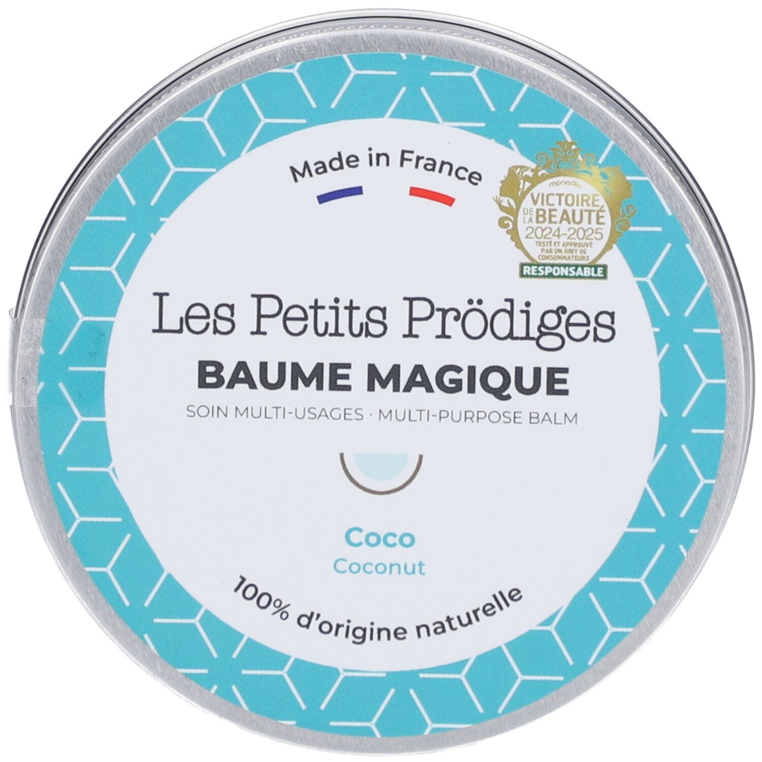 Ronde doos met blauw-wit patroon. Opschrift "Baume Magique", "Coco". Labels "Made in France" en "Victoire de la Beauté".