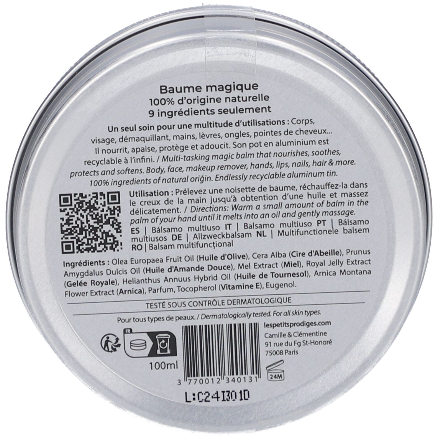 Ronde doos met tekst. Bevat ingrediënten, instructies en QR-code. Opschrift "Baume magique", "100% d'origine naturelle".