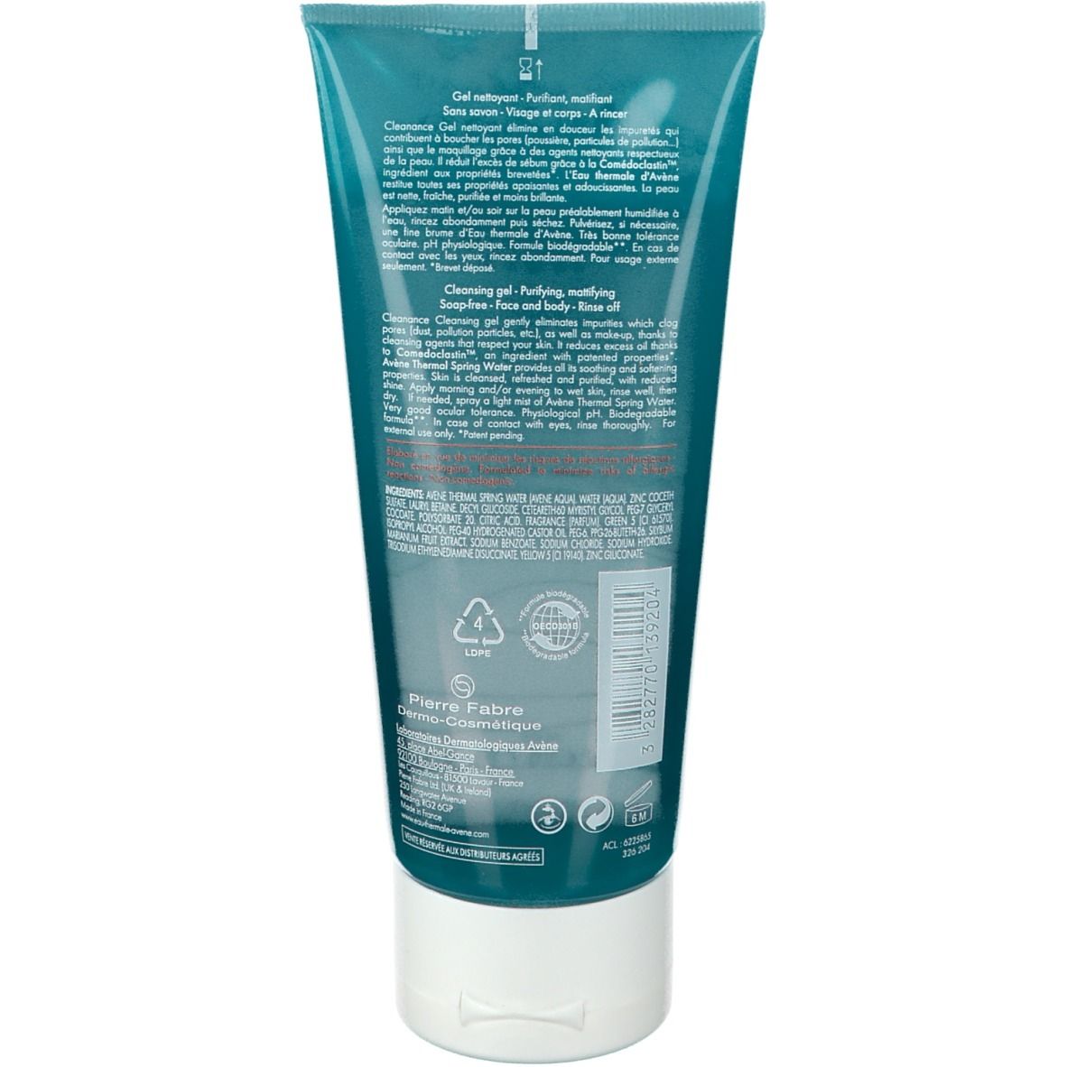 Dos du tube turquoise. Texte multilingue. Logos : Eau Thermale Avène, symbole de recyclage, Vegan.
