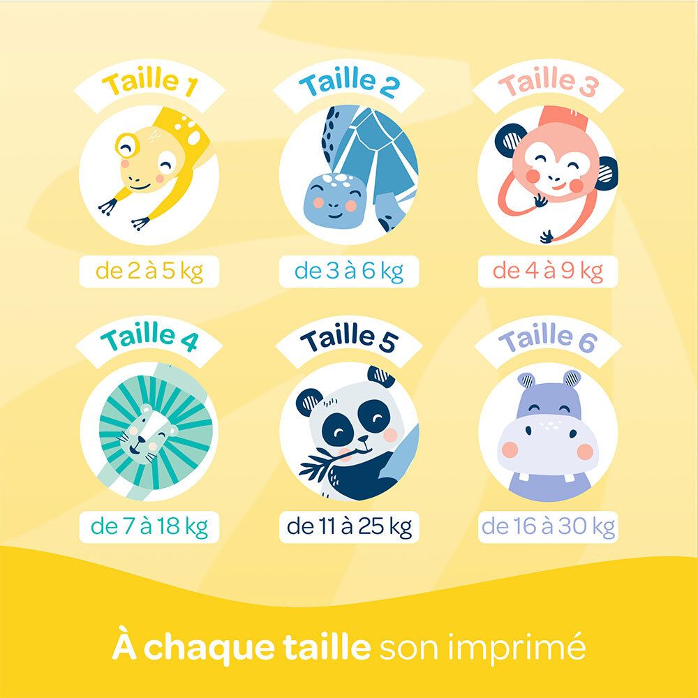 Maattabel voor Biolane Bio luiers. Maten 1-6. Gewicht en dierlijke illustraties.