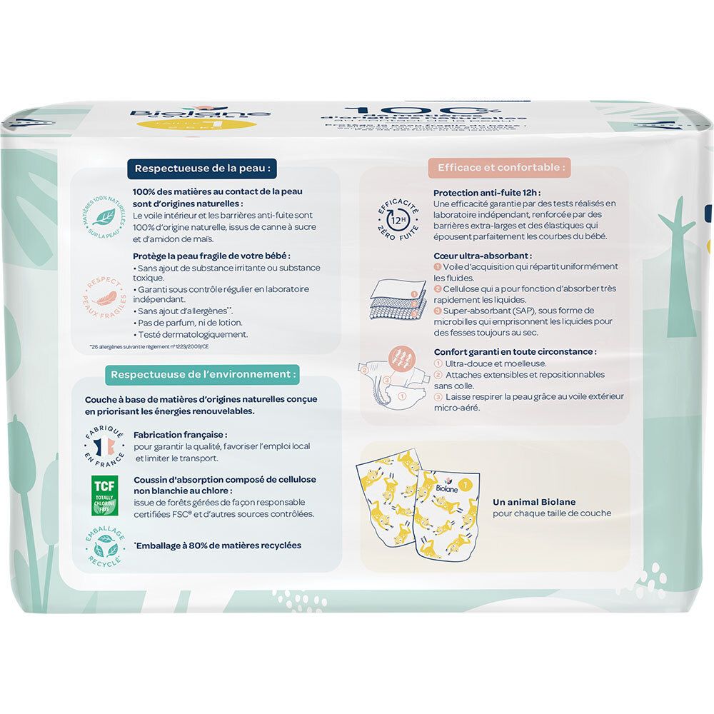 Achterkant van de Biolane Bio luierverpakking. Informatie over ingrediënten en kenmerken.