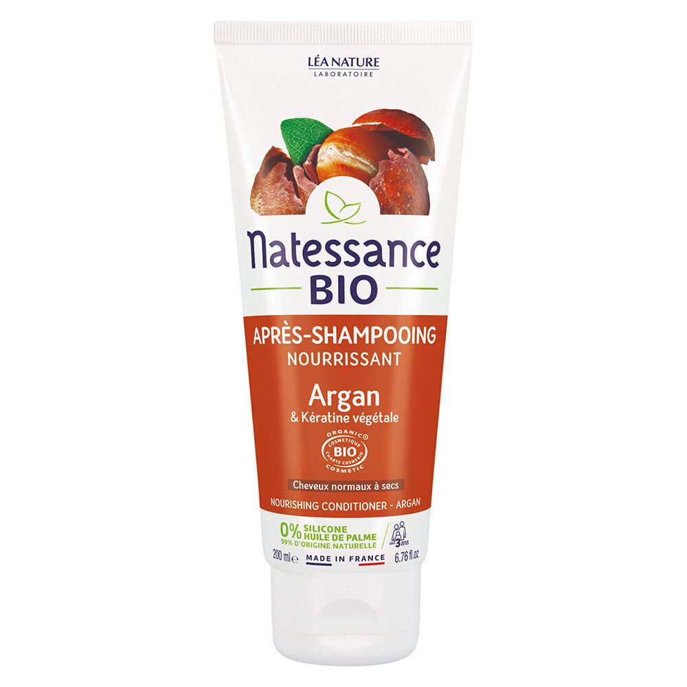 Tube blanc et marron avec impression. Natessance BIO Après-Shampooing, Argan & Kératine végétale. Certification bio.