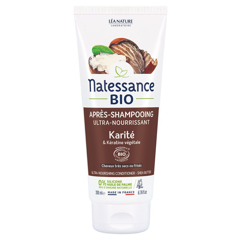 Tube blanc avec illustration et texte. "Natessance BIO" et "Après-shampooing Ultra-nourrissant Karité".
