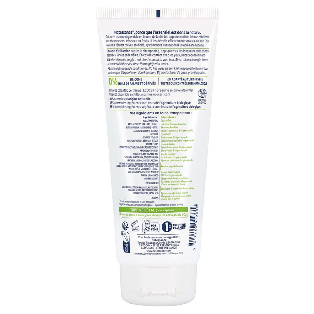 Dos d'un tube blanc. Texte multilingue. Contient des informations sur les ingrédients et les certifications.
