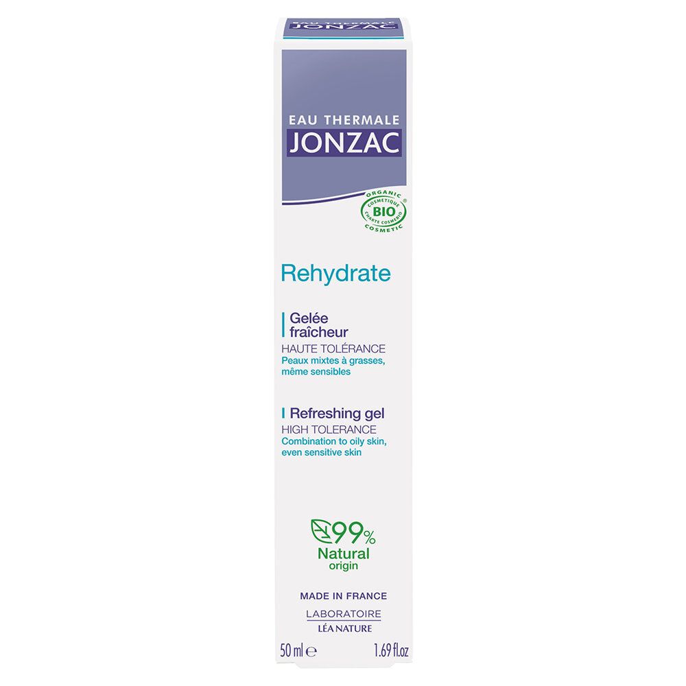 Emballage carton avec nom et logo. Label bio et 99% naturel. Pour peaux mixtes à sensibles.