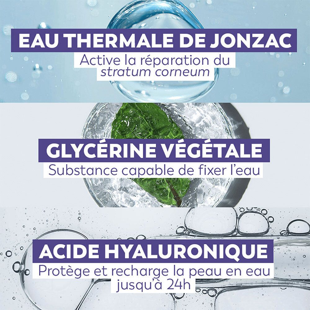 Trois blocs de texte: Eau Thermale de Jonzac, Glycérine Végétale, Acide Hyaluronique. Ingrédients et leurs effets.