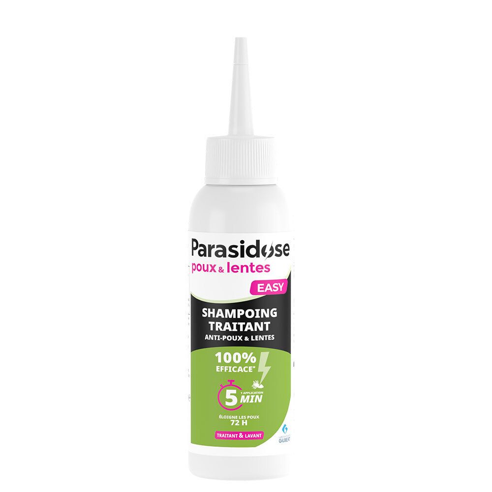 Witte fles met groen etiket. Tekst: Parasidose, Shampooing traitant, 100% efficace, 5 min.