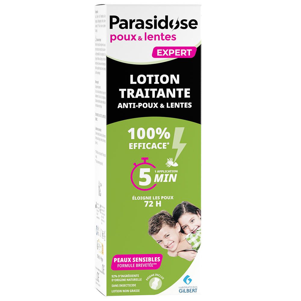 Doos met tekst: Parasidose, Lotion traitante, 100% efficace, 5 min. Kinderen afgebeeld. Groen-wit ontwerp.