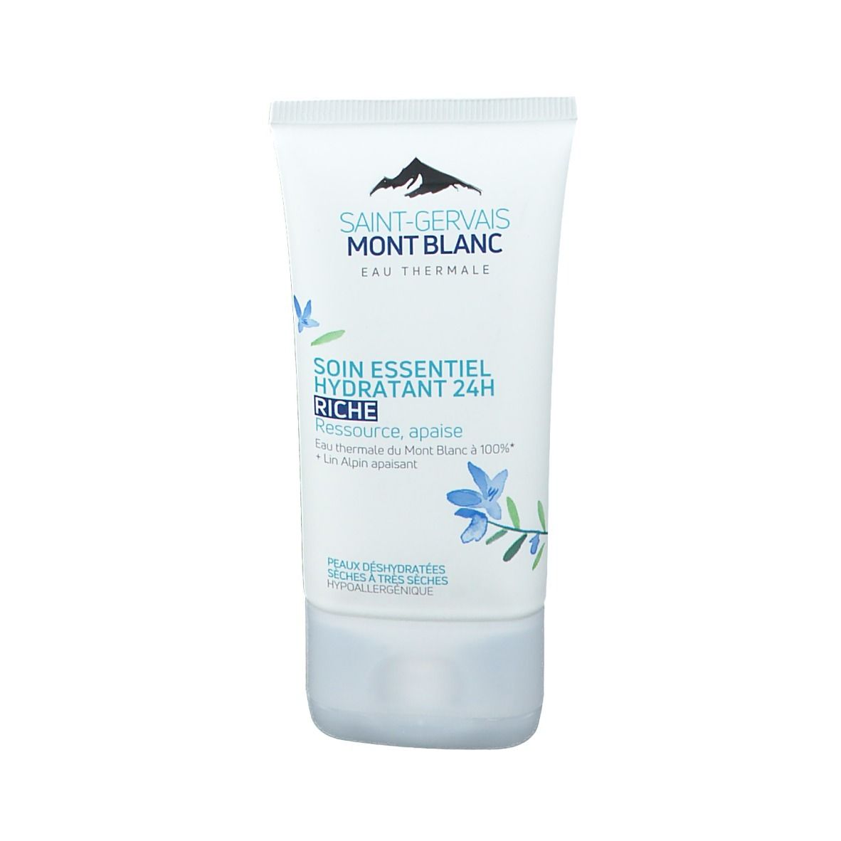 Tube de crème Saint-Gervais Mont Blanc. Texte : Soin Essentiel Hydratant 24H Riche. Pour peaux déshydratées. Décor floral.