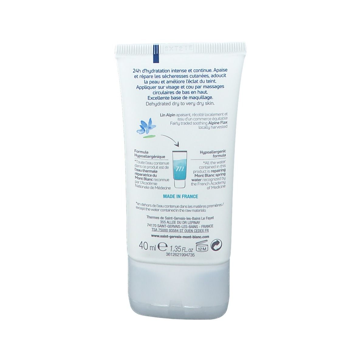 Dos du tube de crème. Texte : Hydratation 24h. Pour peaux sèches. Fabriqué en France. Ingrédients et informations fabricant.